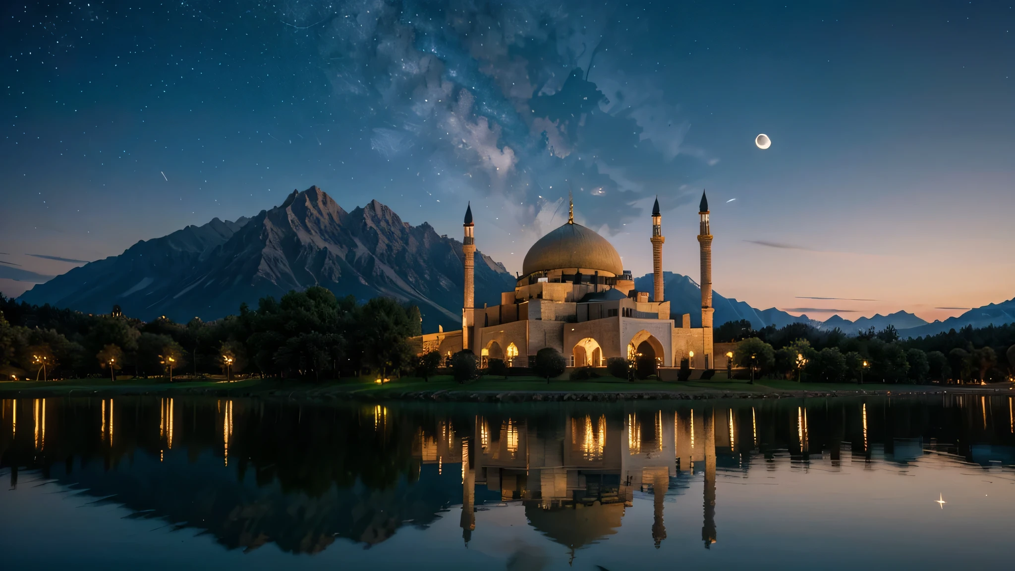 imaginary mosque in the middle of the mountains at night, perfect moon, moon reflection, sky full of stars, shady trees around the mosque, uhd, 4k resolution, super detail pixel, firework on top of mosque 