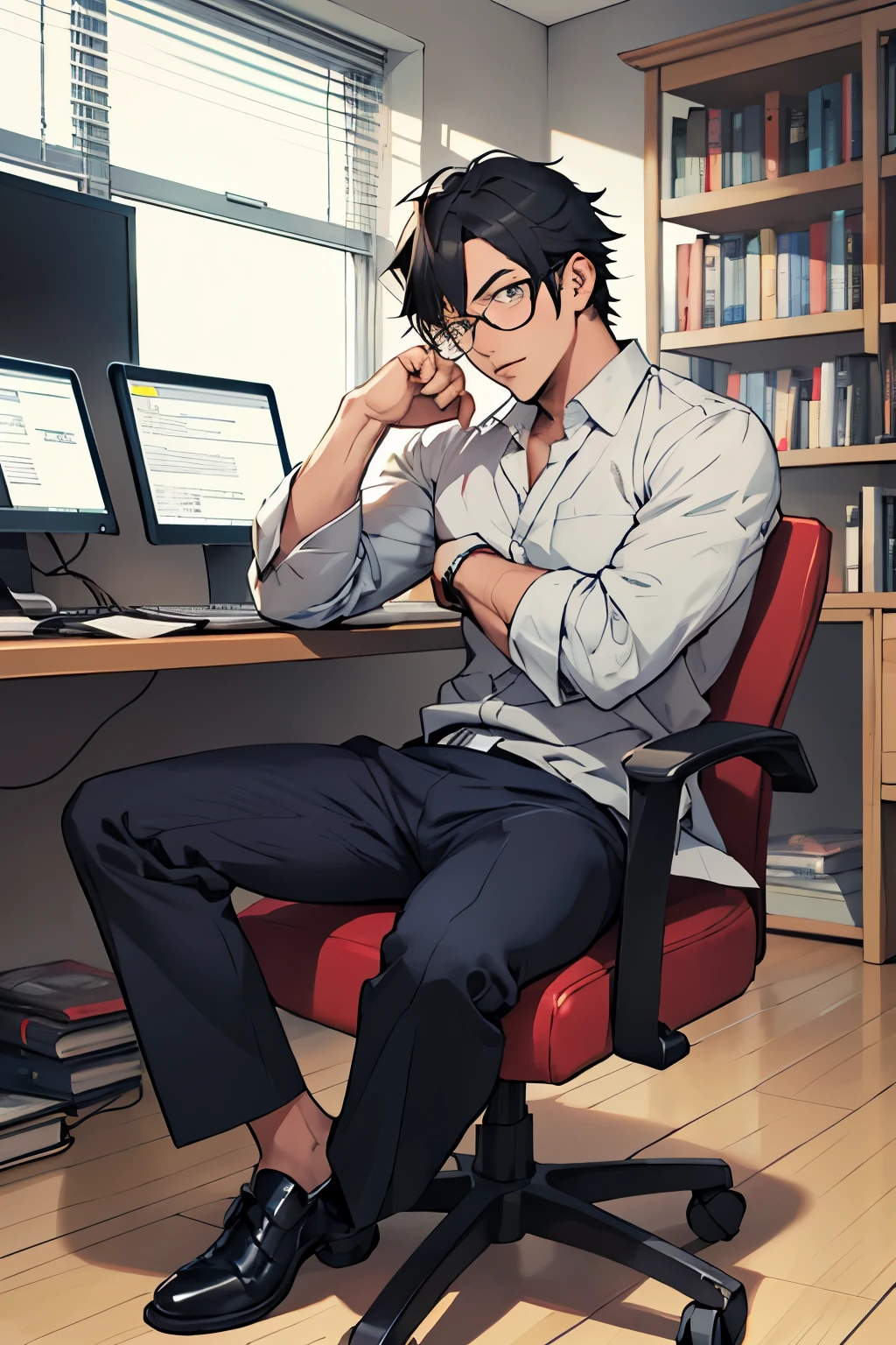 smart-professional-handsome 7-year-old original male charactor with drill frame glasses sitting on the chair ,write some thing in book in world trigger
manga style