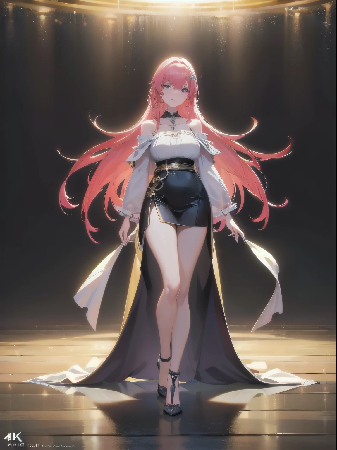 Rose from blackpink, pink hair, (full body), (best quality,4k,8k,highres,masterpiece:1.2),ultra-detailed,(realistic,photorealistic,photo-realistic:1.37),A girl standing by a column in casual clothes off-shoulder blouse, jeans, shoes on legs detailed eyes and lips, long eyelashes, beautiful detailed face, realistic posing, studio lighting, vivid colors, ultra-fine painting, professional,full length, detailed facial features, flowing wavy hair, relaxed posture, soft lighting, warm color tones, high-resolution image(4k), ultra-detailed, realistic,masterpiece, best quality,8k, ultra highres,Reallightandshadow,Cinema lenses,(beautidful eyes:1.1), ((中景 the scene is,The upper part of the body)),dynamicposes