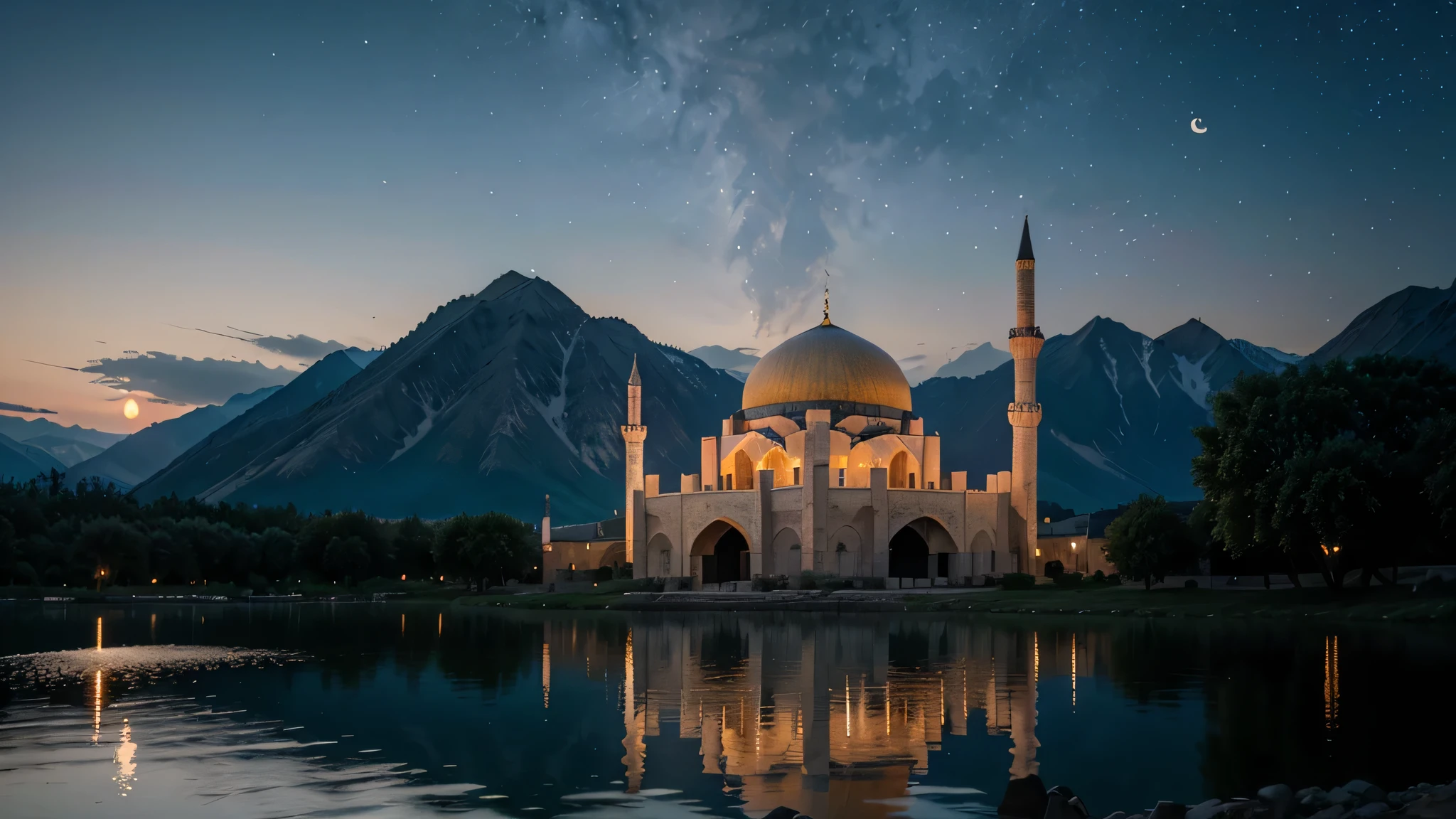 imaginary mosque in the middle of the mountains at night, perfect moon, moon reflection, sky full of stars, shady trees around the mosque, uhd, 4k resolution, super detail pixel, firework on top of mosque