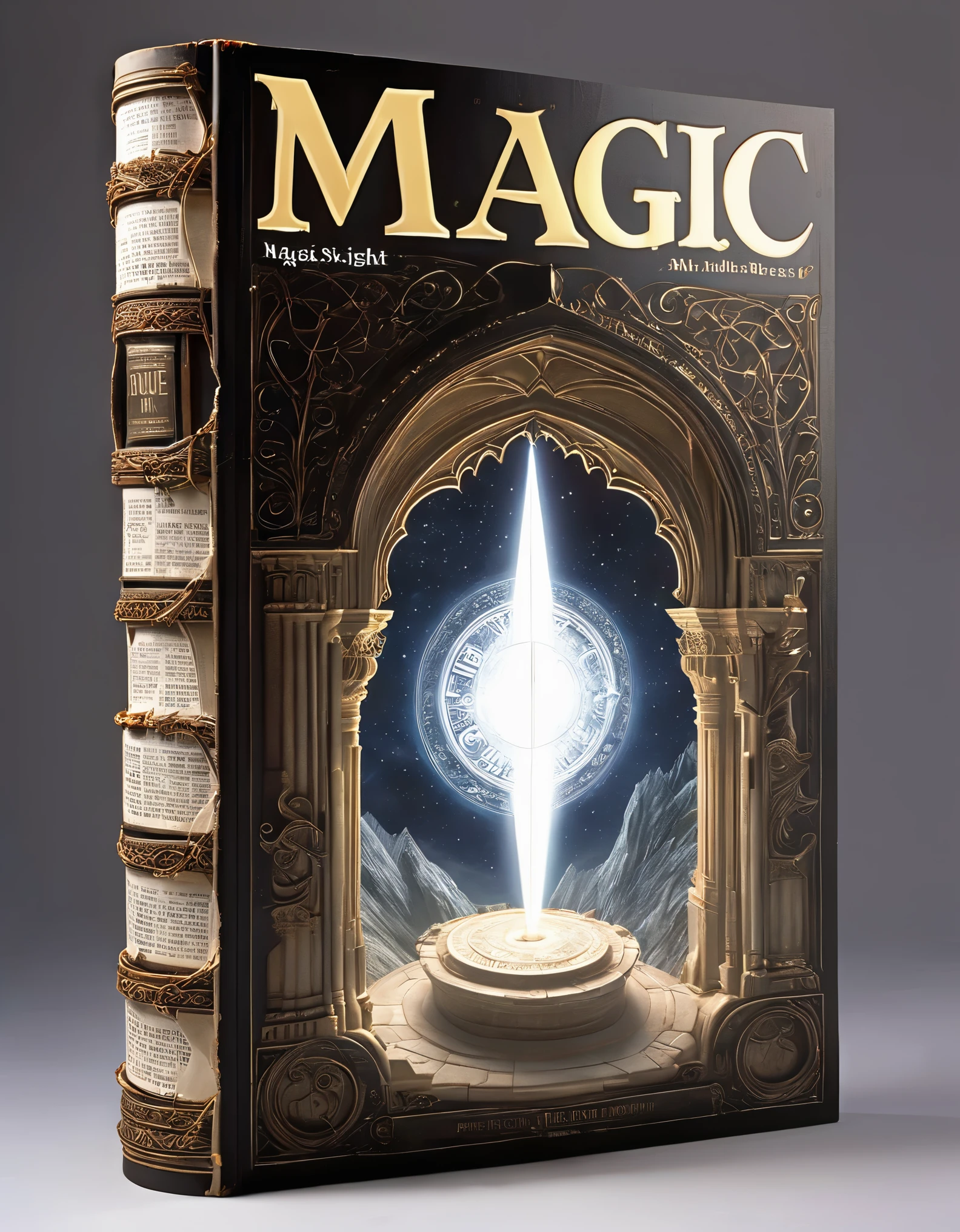 Magic magazine cover design, (a three-dimensional man is rushing out on the cover), the action is vivid and realistic, the title of the magazine, "Magic Sight", emits a faint magical light, unique and striking black and white fonts and magical runes in the form of inlaid in the borders of the cover, the newspaper

