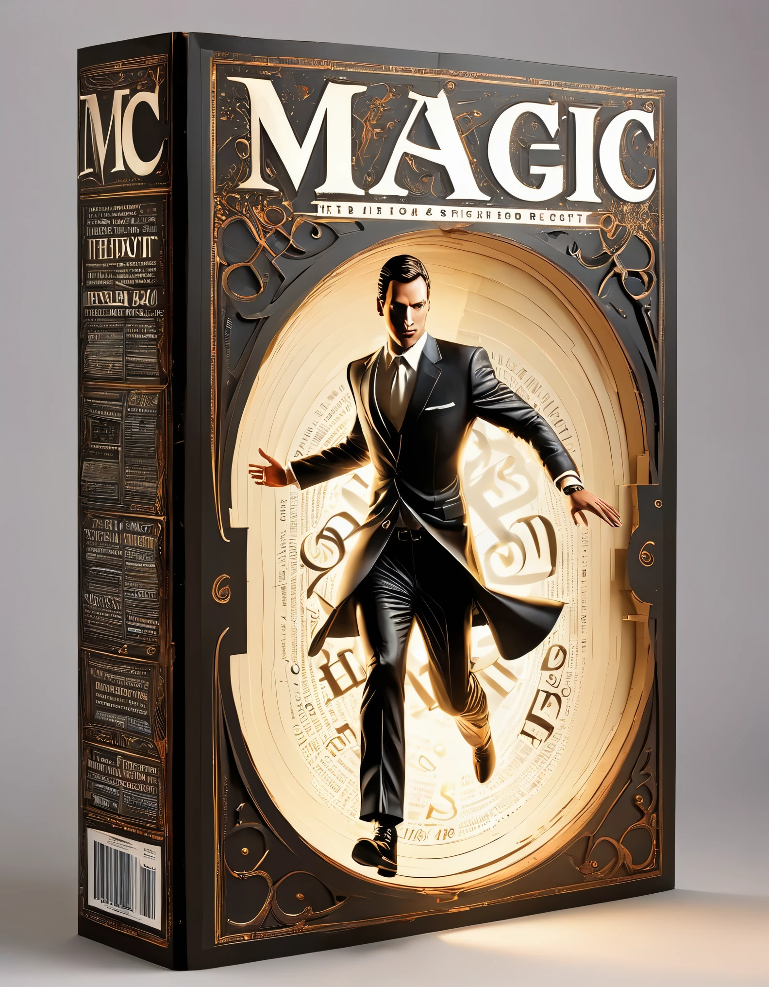 Magic magazine cover design, (a three-dimensional man is rushing out on the cover), the action is vivid and realistic, the title of the magazine, "Magic Sight", emits a faint magical light, unique and striking black and white fonts and magical runes in the form of inlaid in the borders of the cover, the newspaper

