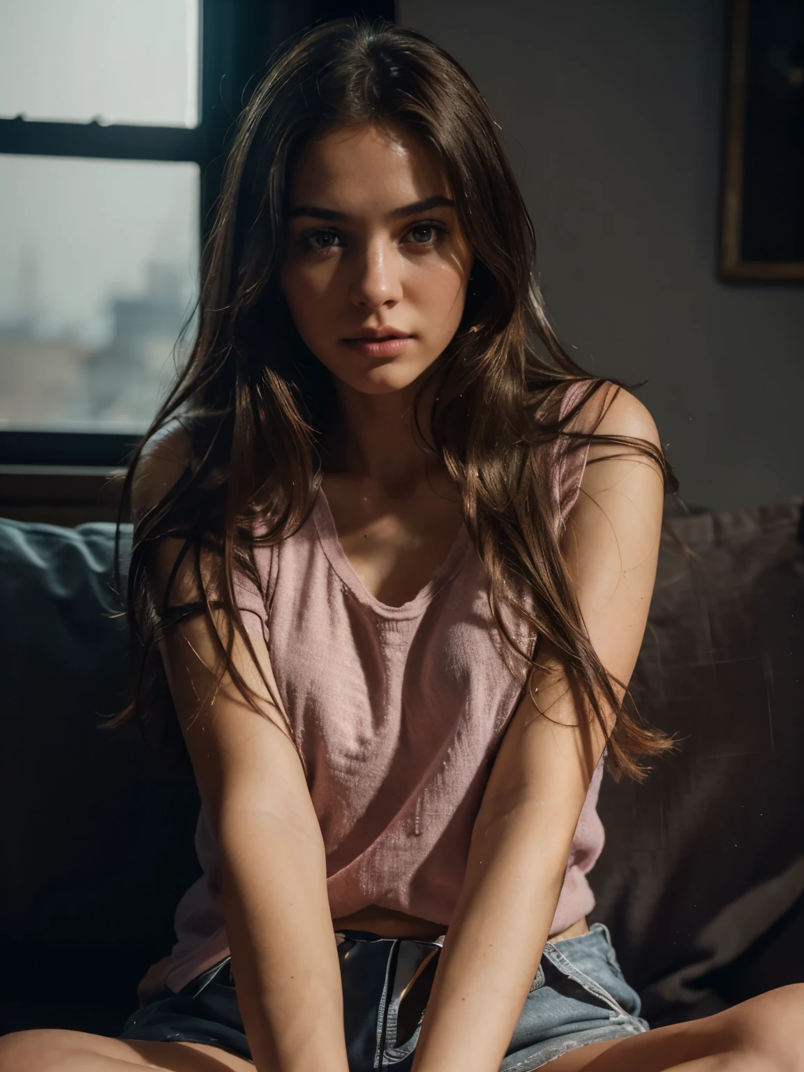 1 girl, European looking, with long straight hair, sitting on a cosy sofa, cross-legged, soft light, purple knit shorts, pink sleeveless t-shirt, RAW photoshop skin textures, 35mm, 4k textures, soft Cinematic Light, RAW photo, photorealism, photorealistic, complex, elegant, highly detailed, sharp focus, (((( cinematic-view)))), soothing tones, crazy details, intricate details, hyper-detailed, low contrast, soft Cinematic Light, dull colours, exposure blending, HDR, faded, intense
