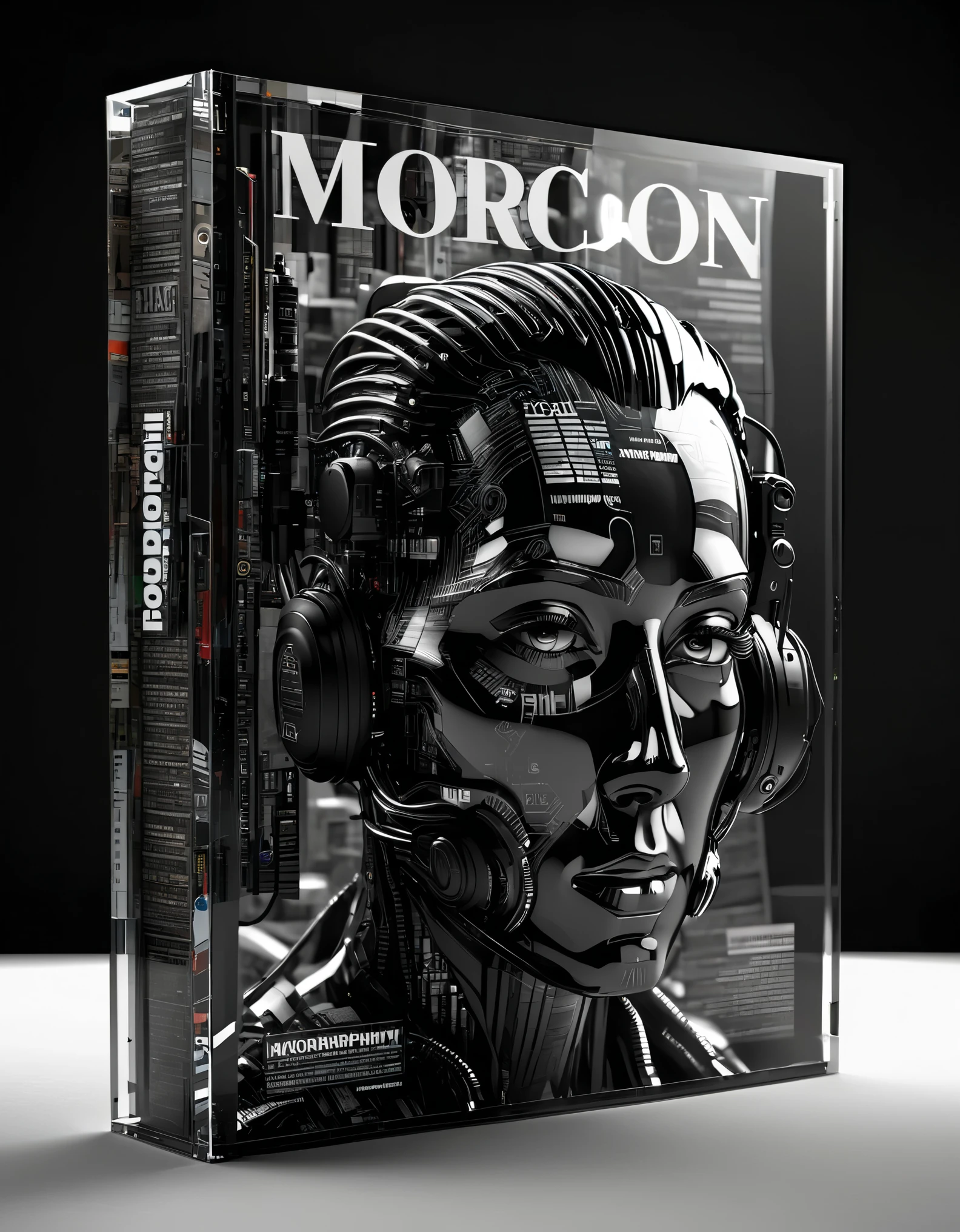 Photography, macro photography, 3D men on glass cover magazines, flat black and white newspaper text, depth of field, DSLR, complex details, studio lighting, 8k, HD, science fiction magazines for the future world, display screen magazines, cyberpunk art, 3D book art,