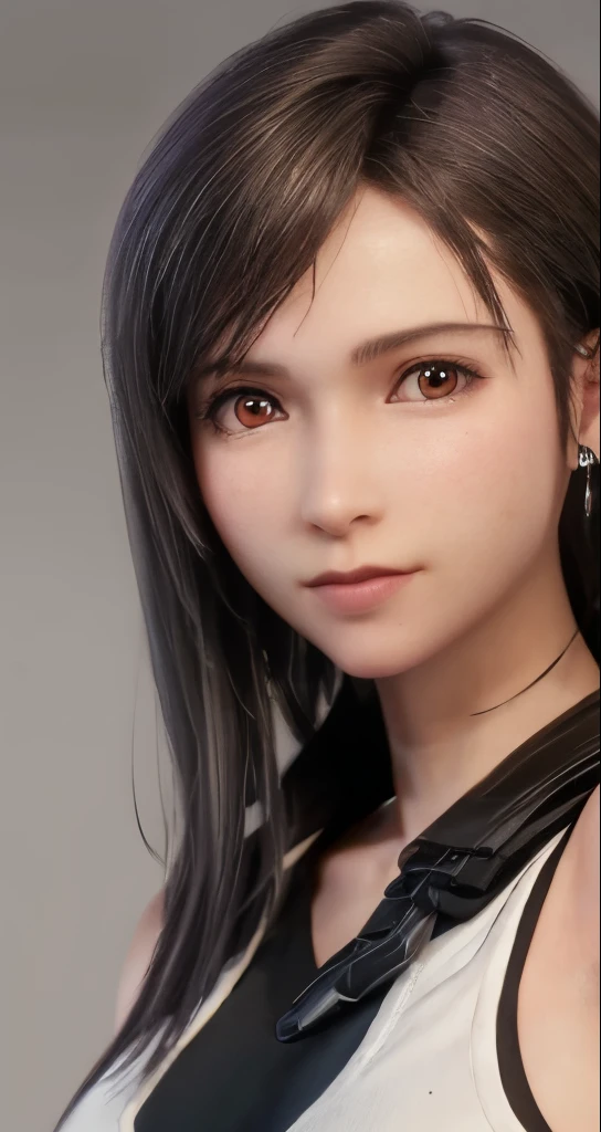 (photograph:1.2)、(photorealistic:1.3)、(masterpiece:1.3)、(Highest image quality:1.4)、超High resolution、(detailed eyes)、(detailed facial features)、(Detailed garment features)、8K resolution、solo focus、30 year old woman、small face、No makeup、detailed beauty eyes、bangs、dark brown hair、short cut hair、(realistic skin)、beautiful skin、Charm、超High resolution、Super realistic、High resolution、Camisa Blanca Aberta、middle shake、small breastB cup、、cool beauty、gray background、