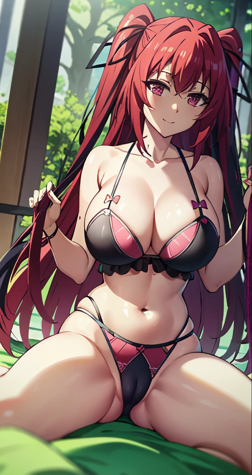 (extremely detailed CG unity 4k wallpaper),(masterpiece),(best quality),(ultra-detailed),(best illustration),(best shadow),(absurdres),(detailed background), Mio Naruse, 1girl, red hair, (see-through underwear), cameltoe, sheer panties, visible pussy, long hair, panties, breasts, ribbon, navel, hair ribbon, large breasts, camisole, cleavage, smile, bow panties, two side up, midriff, sitting, red eyes, very long hair, bedroom, straddling