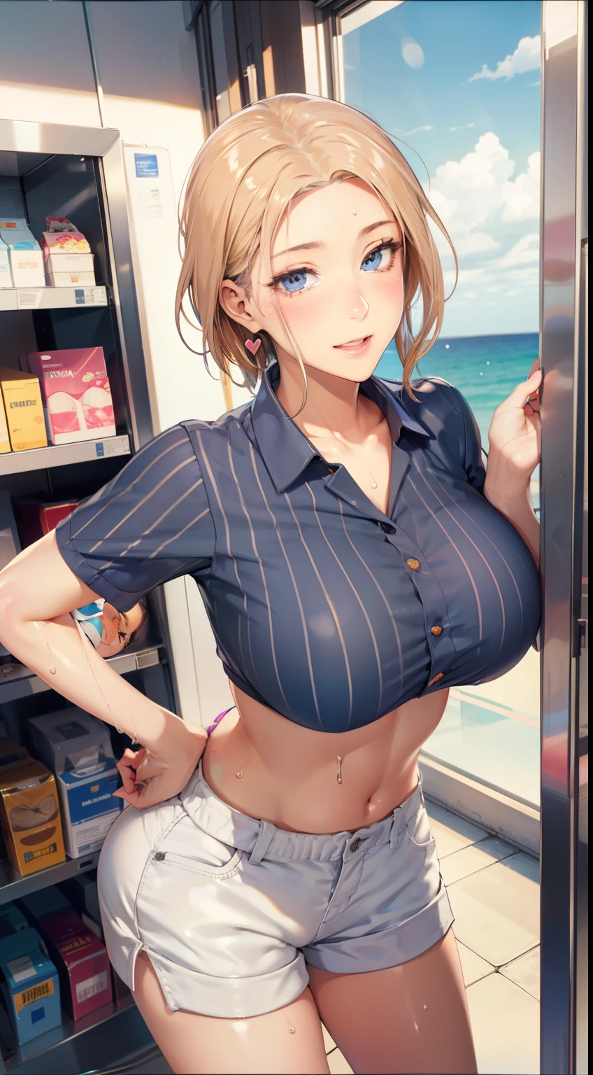 (become familiar with, masterpiece, highest quality, Complex),

cowboy shot, Kyoka Tachibana,

((big breasts)),  
1 girl, alone, At a convenience store,
cute eyes, beautiful face, perfect round butt,
fit and body, perverted woman,

(Convenience store uniform with bold light blue stripes), 
white shorts、
Early 30s, alone, white skin,
blue eyes, ((beautiful mature woman)),

enchanting smile, naughty face, Sweat, vapor, blush, Excited, (spoken heart),

Are standing, Best Sexual Poses, 

(At a convenience store), Near the Ocean shore, (window, Ocean, null, cloud, Day), summer, indoor, perspective, bright lighting, Shelves with lots of products, white wall,