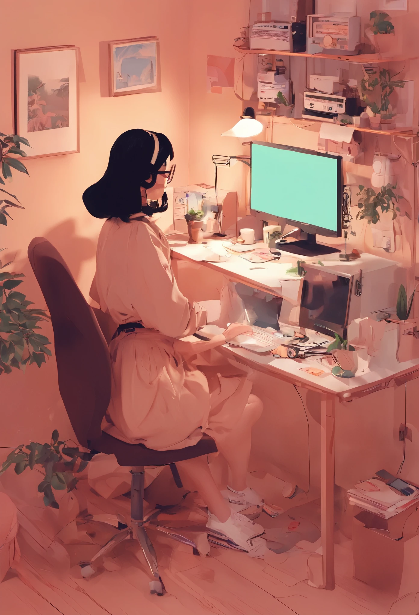 There is a woman sitting at a desk with a computer, lo-fi illustration style, lo fi art, computer aesthetics, Lofiato, lofi girl aesthetic, Lofiatostyle, Lo-fi feeling, Loffi aesthetics, lofi girl, Lo-fi atmosphere, wallpaper beauty, i will fix it, portrait of lofi, Cozy aesthetics, retro aesthetics