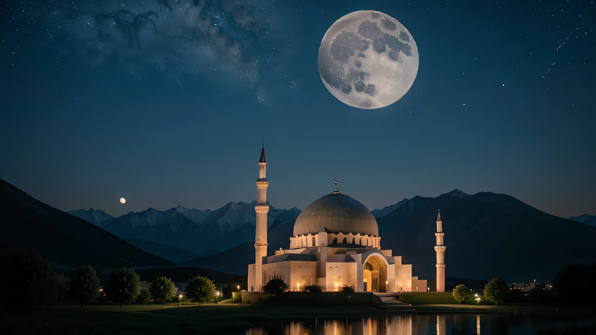 imaginary mosque in the middle of the mountains at night, perfect moon, moon reflection, sky full of stars, shady trees around the mosque, uhd, 4k resolution, super detail pixel, firework on top of mosque 