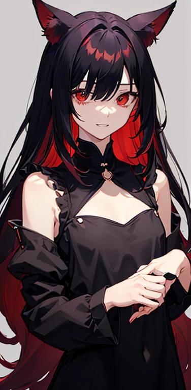 (8K、highest quality、masterpiece:1.2)、anime coloring、super resolution、Realistic、(1girl) 、(black hair to red hair gradient hair,long straight hair:1.5)、(contrapposto),(red eye,glowing eyes:1.3),(hair over one eye:1.5),(portlate:1.3、face focus,upper body:1.5),((camisole with open chest: 1.2)
)、(grin:1.3),(cute face)、,(flat chest:1.2),gradient background、(slender:1.3)、rabbit ears