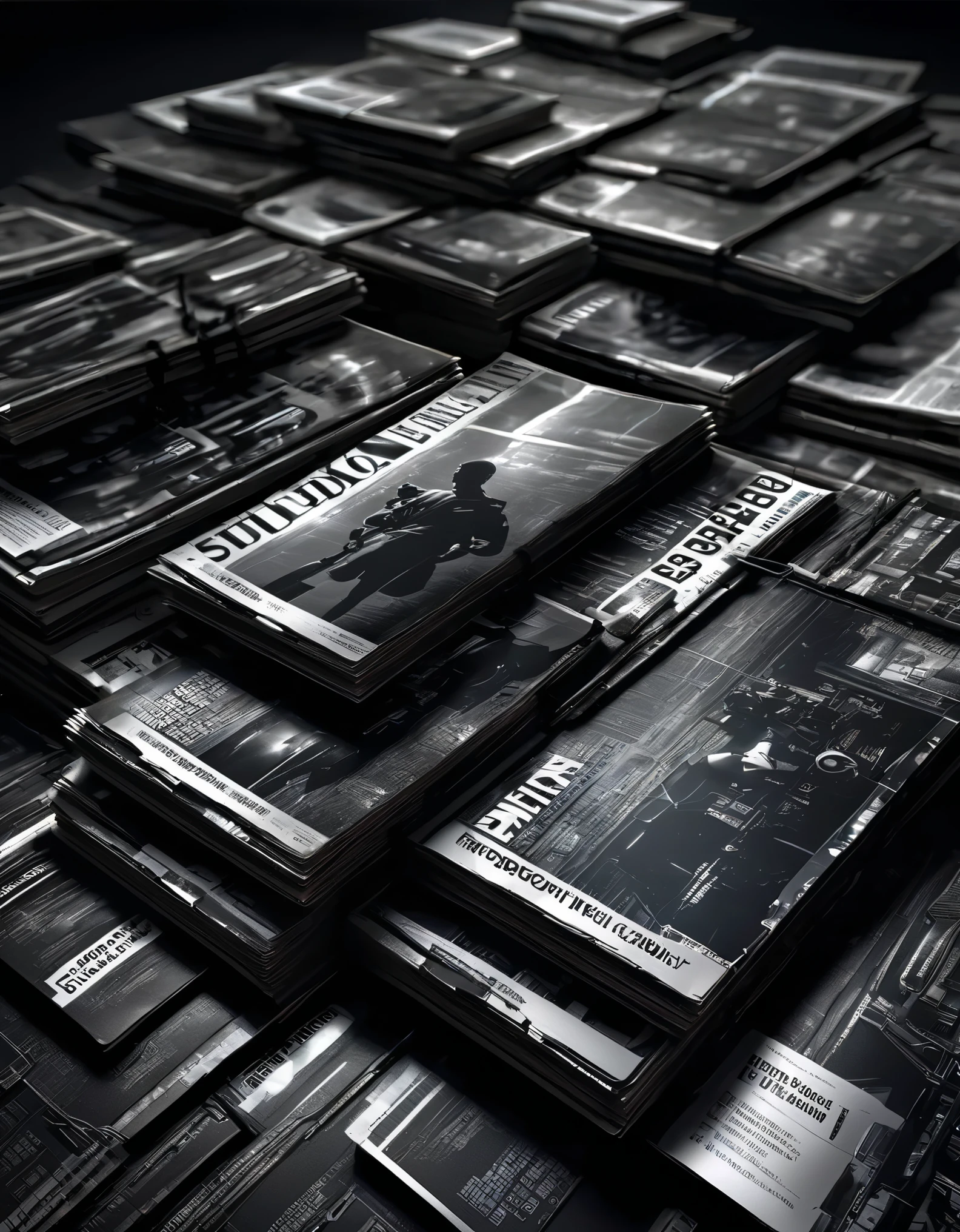Photography, macro photography, 3D men on glass cover magazines, flat black and white newspaper text, depth of field, DSLR, complex details, studio lighting, 8k, HD, science fiction magazines for the future world, display screen magazines, cyberpunk art, 3D book art,