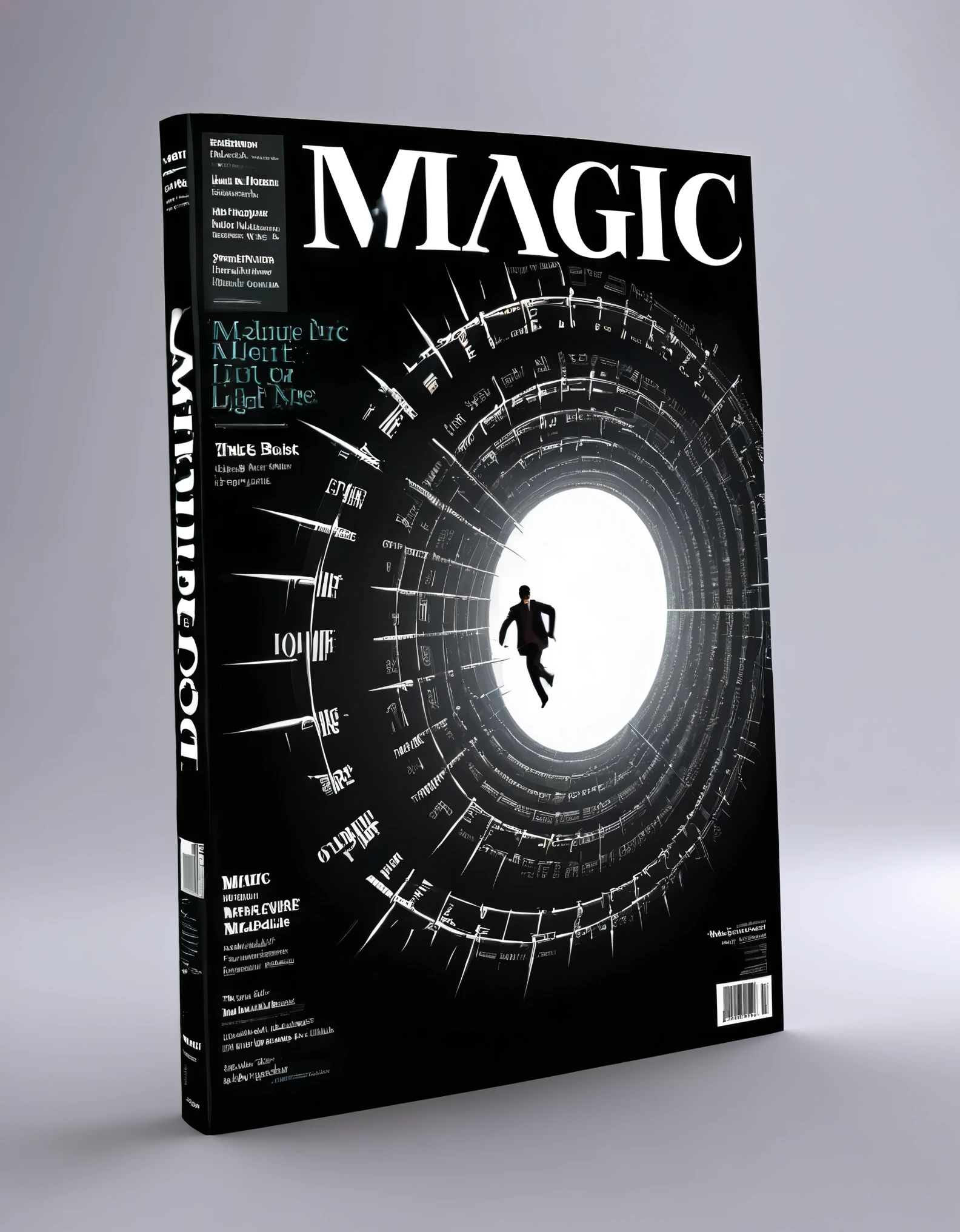 Magic magazine cover design, (a three-dimensional man is rushing out on the cover), the action is vivid and realistic, the title of the magazine, "Magic Sight", emits a faint magical light, unique and striking black and white fonts and magical runes in the form of inlaid in the borders of the cover, the newspaper