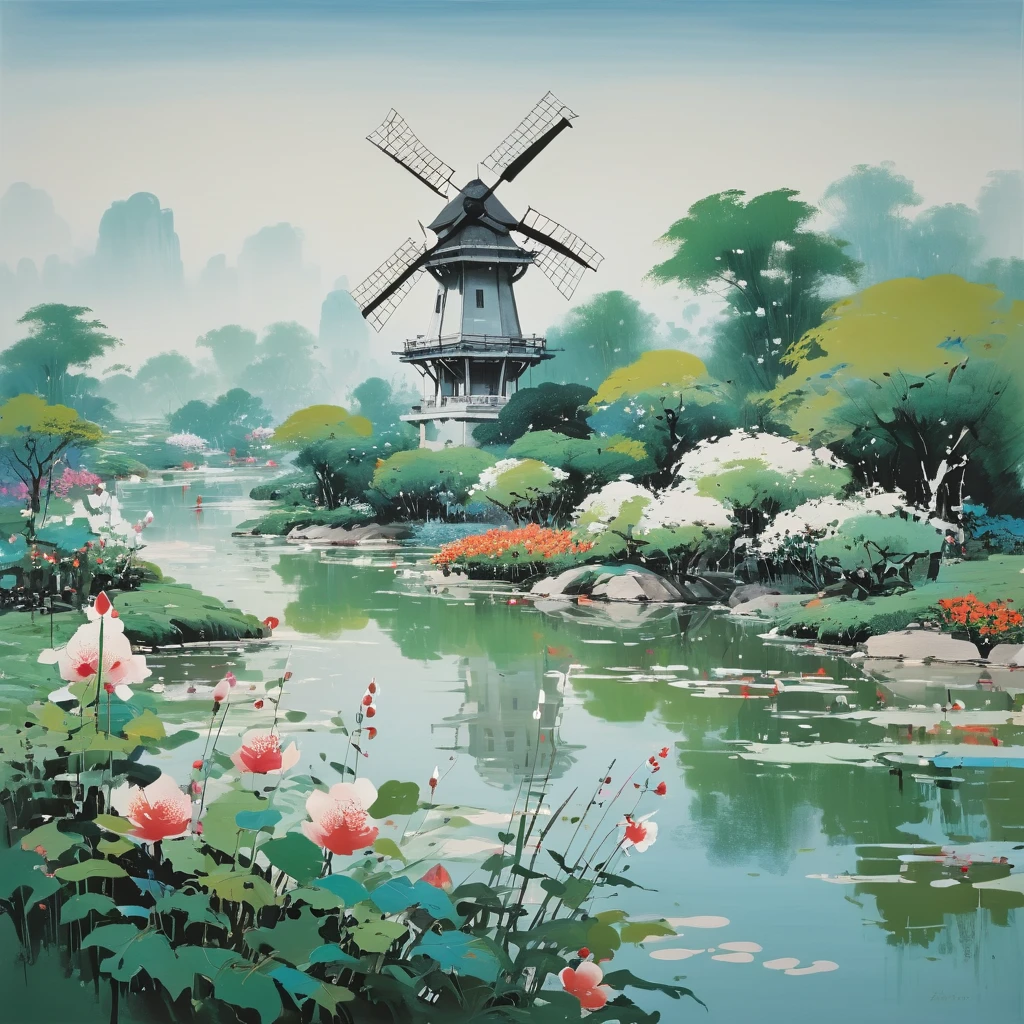 Wu Guanzhong's representative work, a picturesque garden with a windmill is depicted in this perfect masterpiece. The artwork radiates with the high details and the ultra intricate detailed strokes that Wu Guanzhong is renowned for. The windmill is portrayed gracefully, capturing the movement of its blades as they spin in the gentle breeze. The garden is meticulously crafted, showcasing a harmonious balance between vibrant flowers, lush greenery, and serene pathways. The scene is bathed in warm studio lighting, casting soft shadows and illuminating the textures of the artwork. Wu Guanzhong's signature color palette breathes life into the painting, with vivid blues and greens that evoke a sense of tranquility and serenity. The windmill stands tall as a symbol of dreams and aspirations, while the garden invites viewers to wander through its peaceful sanctuary. This official art piece is an homage to Wu Guanzhong's mastery, capturing the essence of his style and vision.