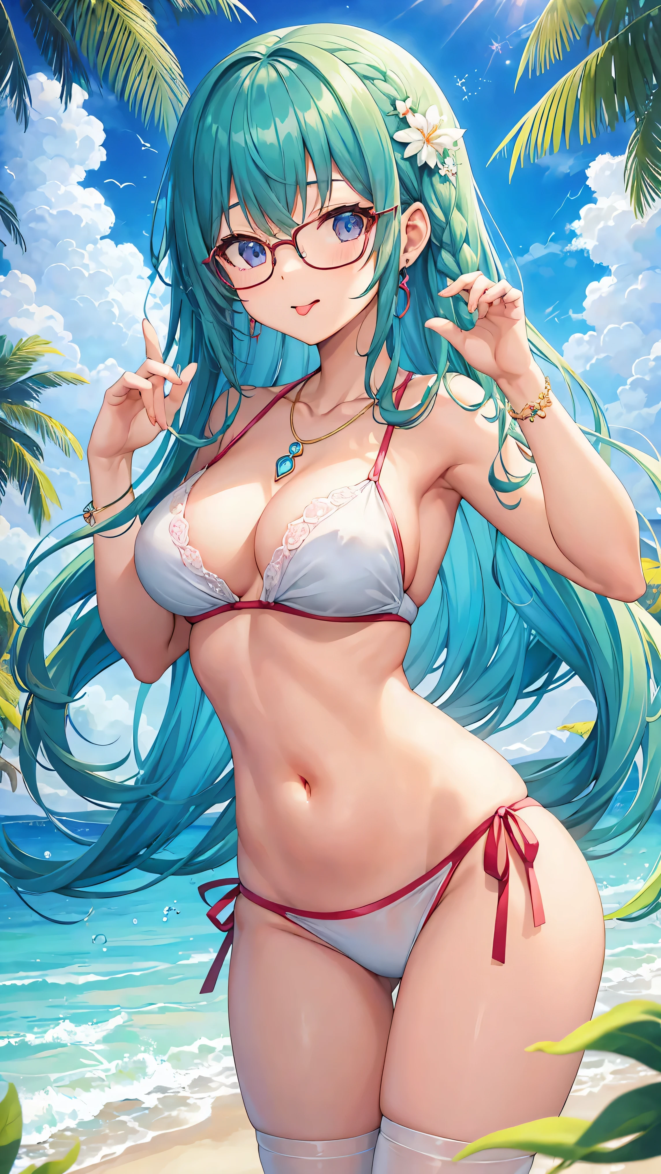 Great masterpiece、Super delicate、1girl in、eye glass、Pure、Braids、a necklace,Fancy Bikini、tongue-out、Cute anime illustration、
