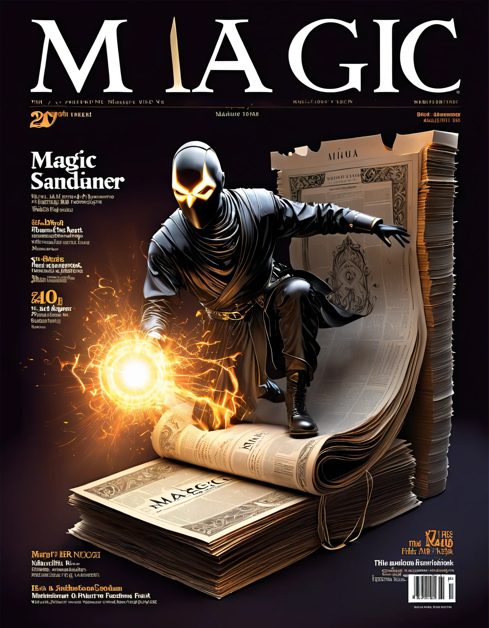 Magic magazine cover design, (a three-dimensional man is rushing out on the cover), the action is vivid and realistic, the title of the magazine, "Magic Sight", emits a faint magical light, unique and striking black and white fonts and magical runes in the form of inlaid in the borders of the cover, the newspaper

