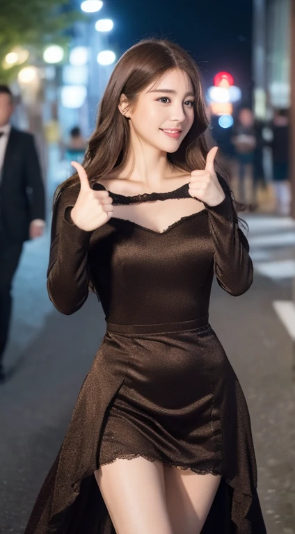 ((best quality, 8K, masterpiece :1.3)), 1 girl, Smile, whole body, face slimming, pretty Woman, (Dark brown hair), full length dress :1.1, Super detailed face, delicate eyes, double eyelids,  blurred background, face slimming, City, external, street,Thumbs up for the camera