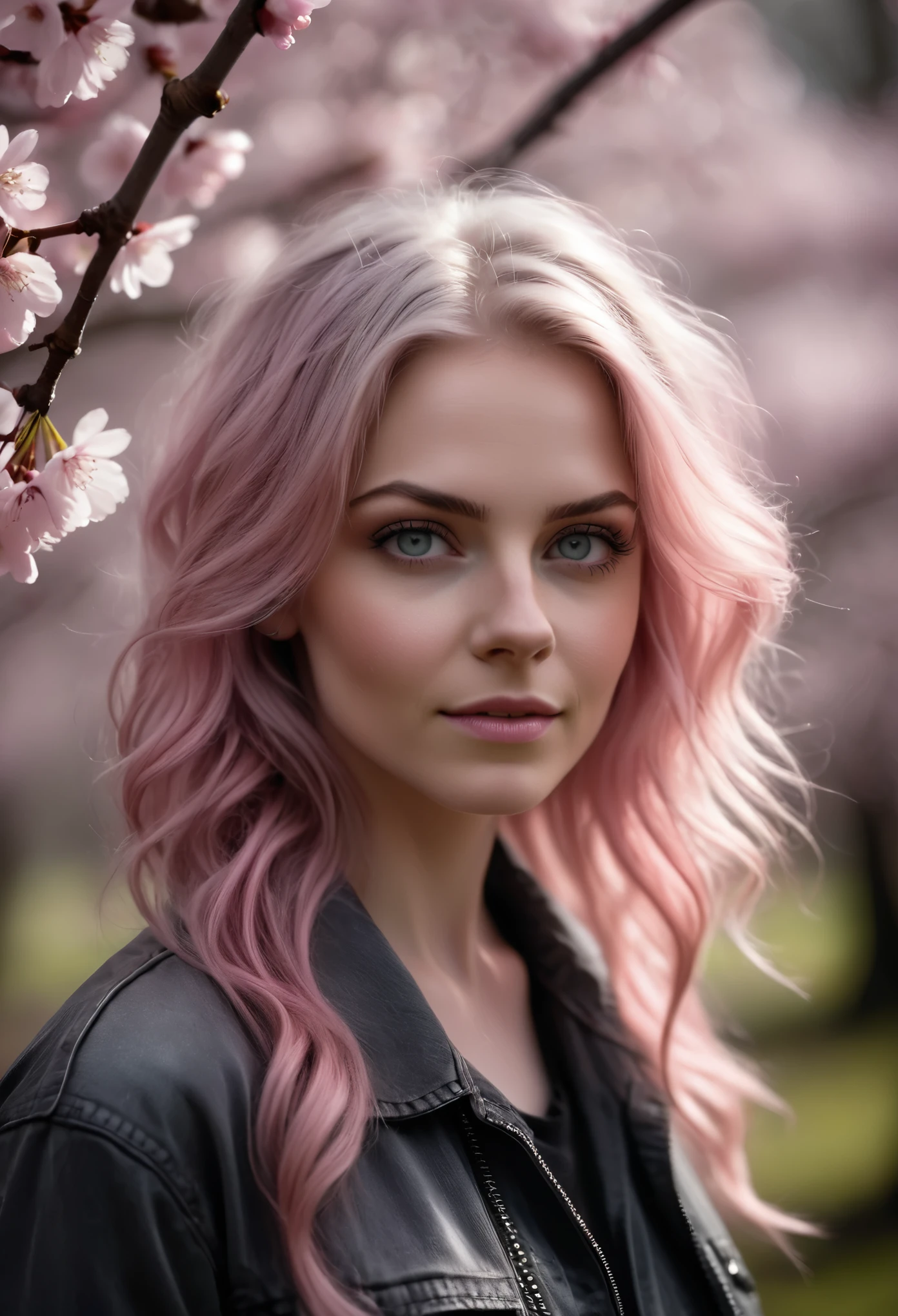 photo shot on Nikon D850, 16k, masterpiece, Detailed, breathtaking, atmospheric perspective, diffusion, natural skin texture, DSLR, 80mm Sigma f2, depth of field, film grain, intricate natural lighting, full length photo of cute woman with dusty pink hair in a cherry blossom woods, on black canvas, ominous landscapes, light grey and pink, energy-filled illustrations, extremely sexy, detailed face and eyes, no makeup, little smiling, highly detailed, dark fantasy aura, faded colours.