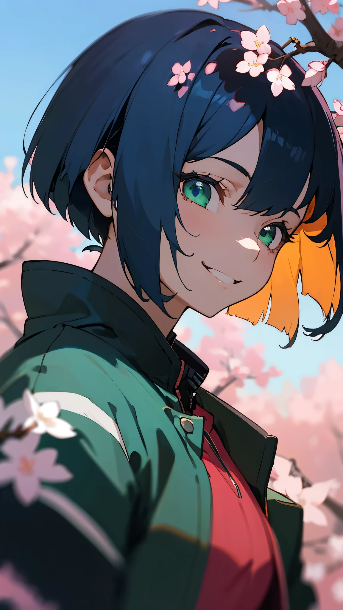 16 year old girl、riders jacket、dark blue hair、bob hair、green round eyes、evil smile、Blue and orange tones、anime painting、From the side、evil smile、Cherry blossom park、blue sky、upper body close-up、sharp outline