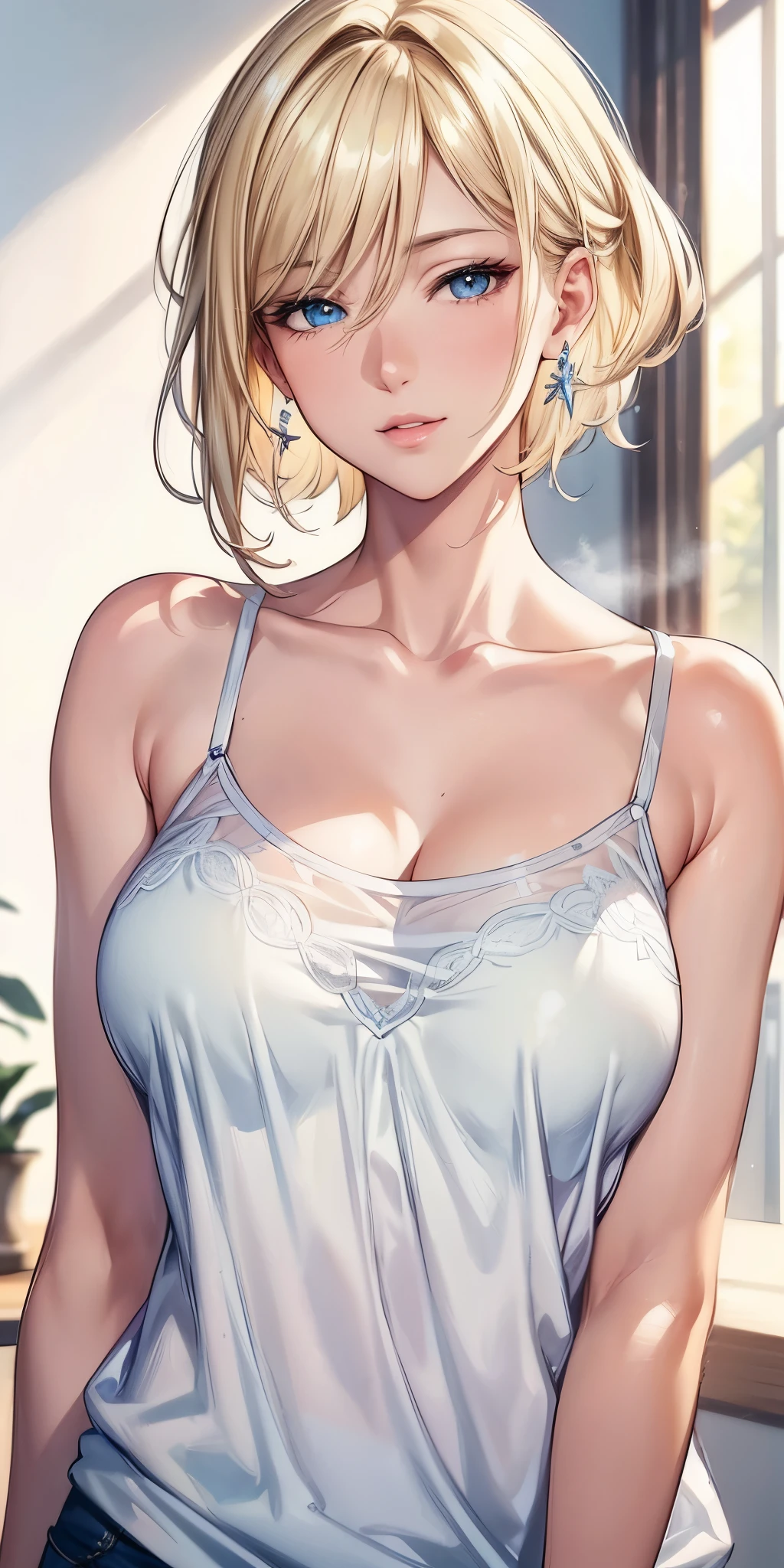 (best quality, highres), portrait, elegant mature woman, blue eyes,blonde hair, big breast, ultra detailed cg 8k, beautiful cg, soft light