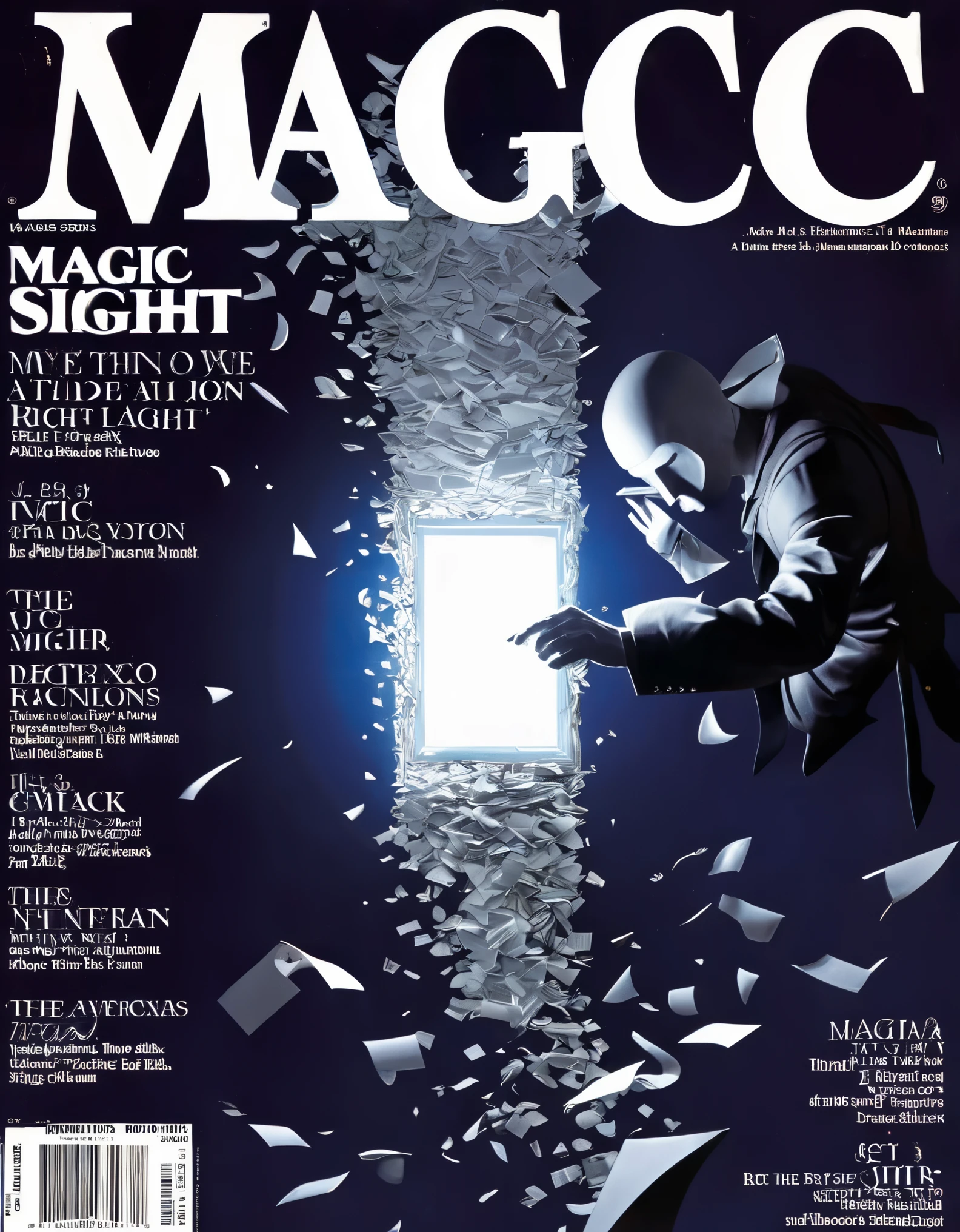 Magic magazine cover design, (a three-dimensional man is rushing out on the cover), the action is vivid and realistic, the title of the magazine, "Magic Sight", emits a faint magical light, unique and striking black and white fonts and magical runes in the form of inlaid in the borders of the cover, the newspaper