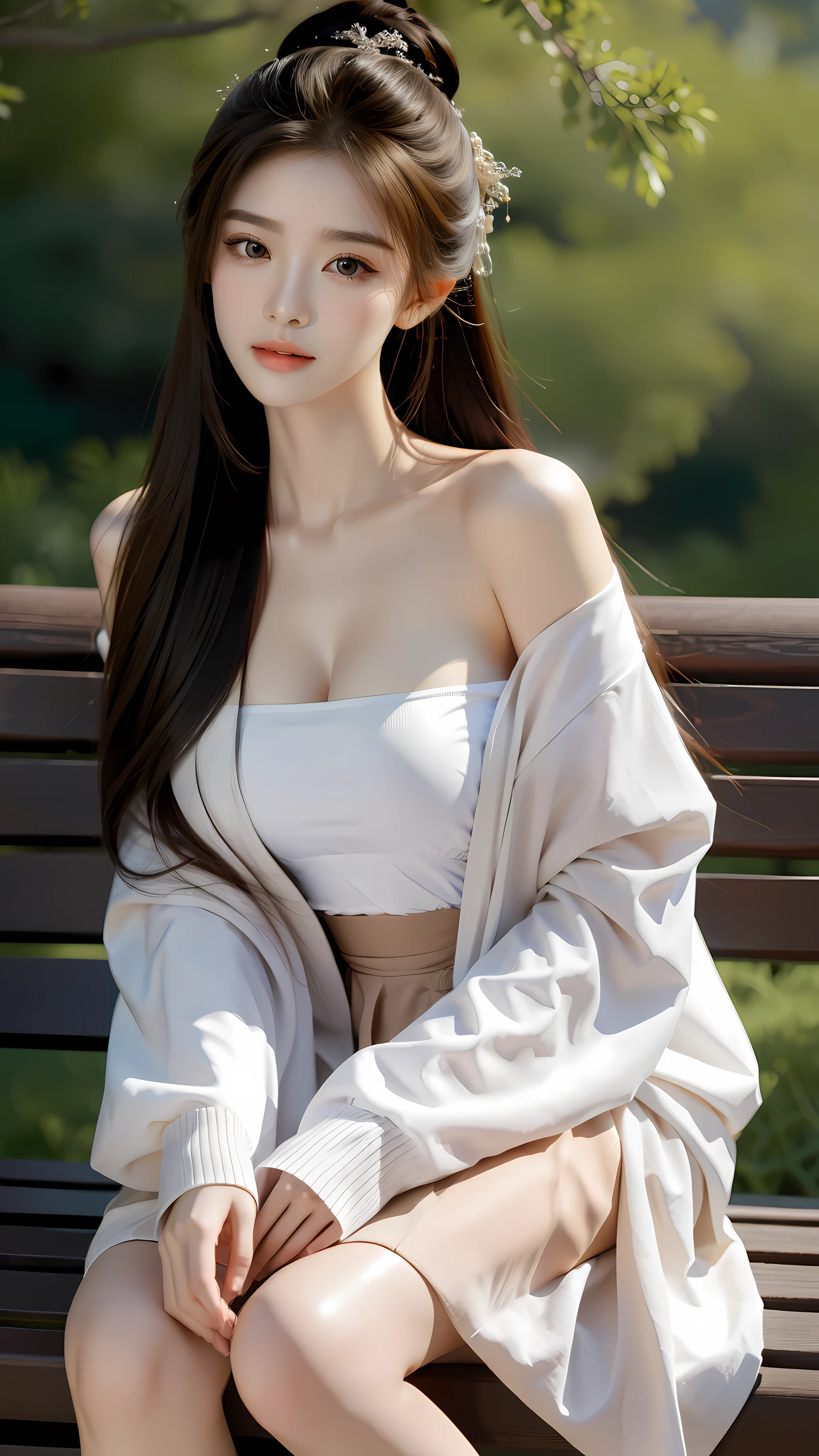 (1 girl:1.3), sexy pose, slim,
(lifelike:1.4), (masterpiece, top quality, best quality, official art), extremely detailed, most detailed, (Super detailed), ((extremely delicate and beautiful)), film light,  (realistically:1.3), 
(High detail skin:1.2), High resolution, 8K Ultra HD, 4K, 8K, Bokeh, 
digital SLR camera, absurd, The optimal ratio of four fingers to one thumb,
in a park with trees,sit on bench, 
((silky long hair)), (brown hair),  tears,
pretty face, perfect face, highly detailed pretty face, 
Lovely, Shy,blush,
dynamic angle, from above,looking at the audience,  
wearing a brown sweater,skirt