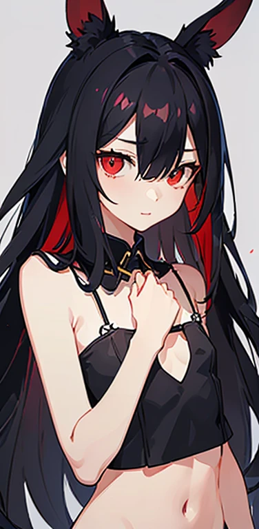 (8K、highest quality、masterpiece:1.2)、anime coloring、super resolution、Realistic、(1girl)  、(black hair to red hair gradient hair,long straight hair:1.5)、(contrapposto),(red eye,glowing eyes:1.3),(hair over one eye:1.5),(portlate:1.3、face focus,upper body:1.5),((camisole with open chest: 1.2)
)、(light smile:1.3),(cute face)、,(flat chest:1.2),gradient background、(slender:1.3)、(rabbit ears)