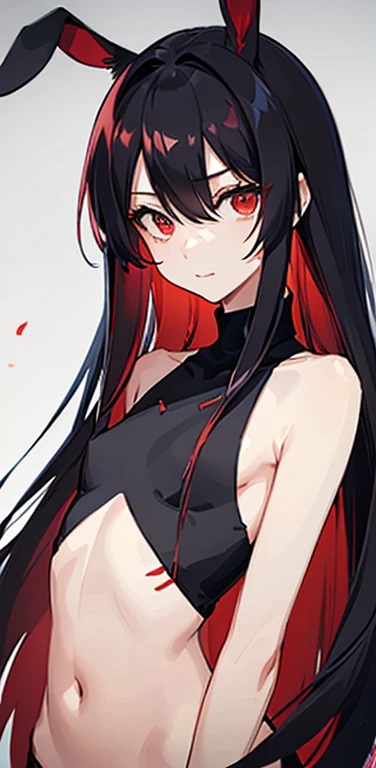 (8K、highest quality、masterpiece:1.2)、anime coloring、super resolution、Realistic、(1girl) 、(black hair to red hair gradient hair,long straight hair:1.5)、(contrapposto),(red eye,glowing eyes:1.3),(hair over one eye:1.5),(portlate:1.3、face focus,upper body:1.5),((camisole with open chest: 1.2)
)、(light smile:1.3),(cute face)、,(flat chest:1.2),gradient background、(slender:1.3)、(rabbit ears)