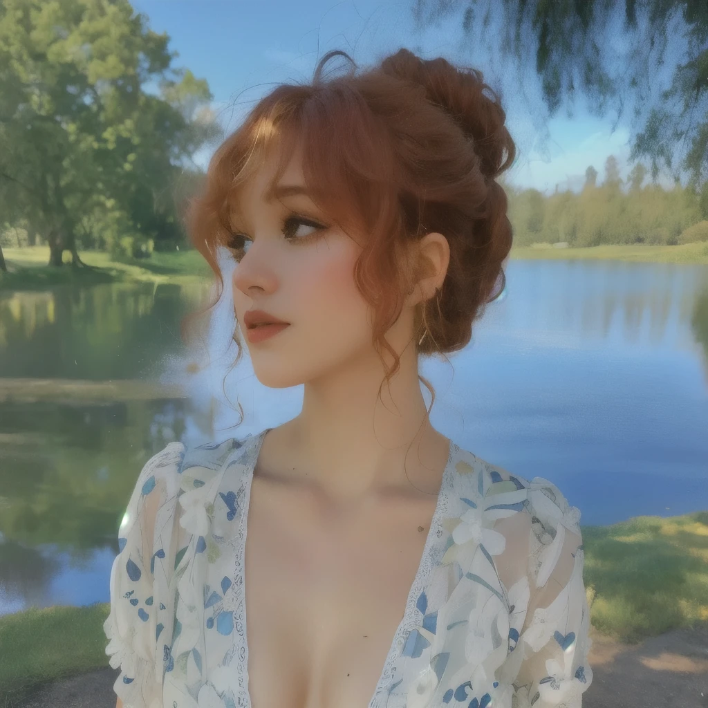 Mujer arafed con pelo rizado y un vestido de pie cerca de un lago, with Pelo rizado pelirrojo, flequillo rizado and ponytail, flequillo rizado, cabello rizado color cobre, pelo superior rizado y corto, Pelo rizado pelirrojo, pelo rojo rizado, pale skin curly blonde hair, Cabello pixie rizado, messy curly high bun hairstyle, pelo rizado, Angelina Stroganova