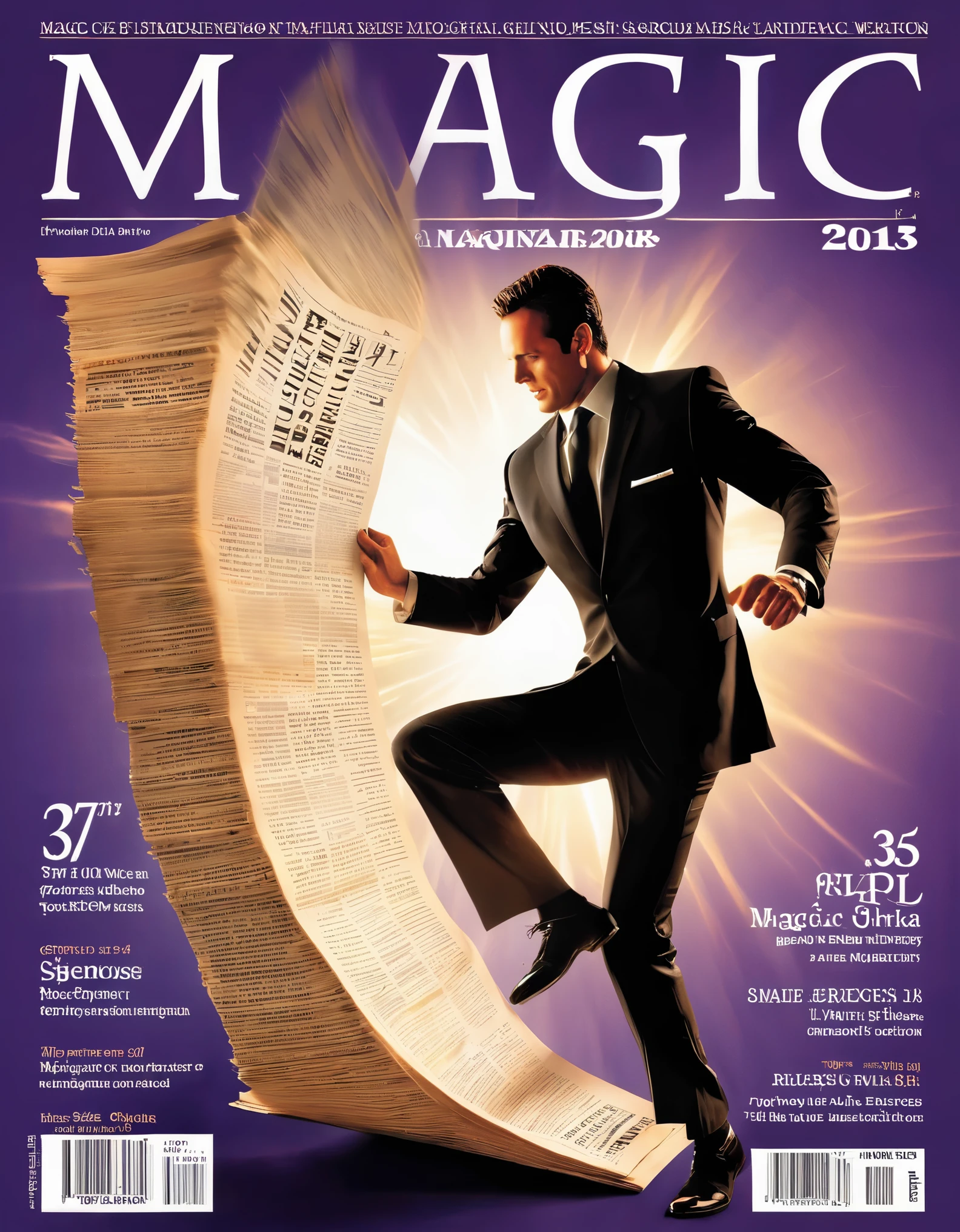 Magic magazine cover design, (a three-dimensional man is rushing out on the cover), the action is vivid and realistic, the title of the magazine, "Magic Sight", emits a faint magical light, unique and striking black and white fonts and magical runes in the form of inlaid in the borders of the cover, the newspaper

