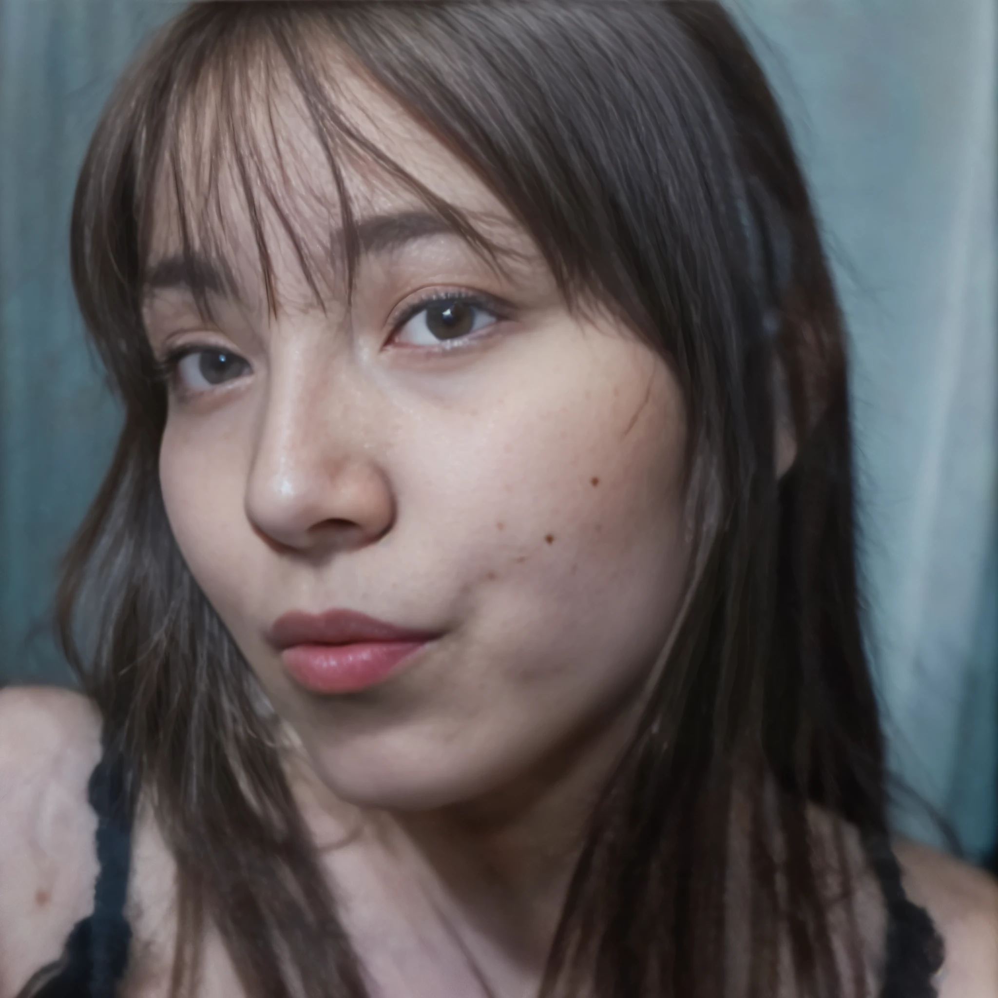 youth woman with long hair and a black top, without makeup, brown hair and large eyes, 18 years old, sexy girl portrait, sexy face, sweaty face, taken in the early 2020s, 16 years old, frontal picture, angiewolf, 19-year-old girl, 22 years old, with no facial features