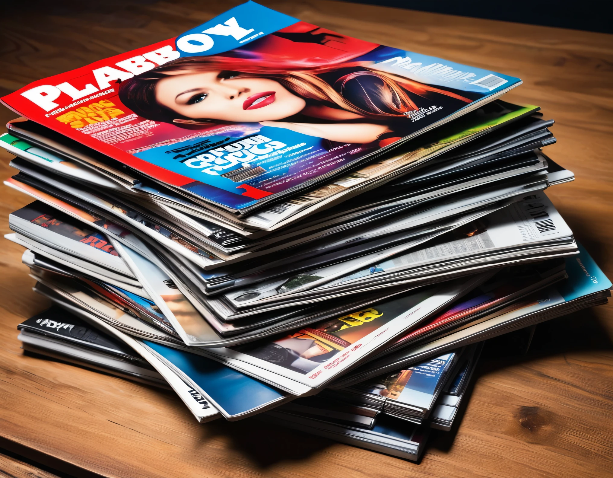 A stack of different magazines on different subjects lying one on top of the other on the table, different magazines, different covers (car magazines, gaming magazines, music magazines, fantasy magazines, playboy), realistic,