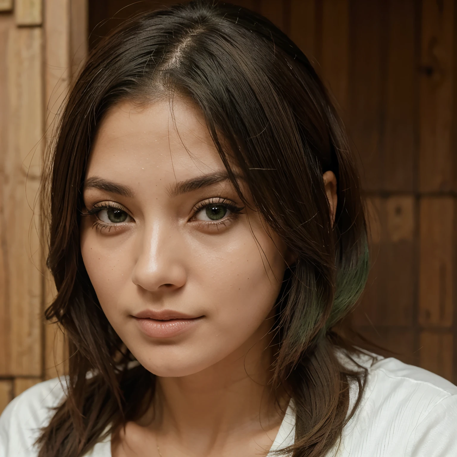 Garota com cabelo cacheado castanho escuro, com pele branca e olhos verdes cinzentos
