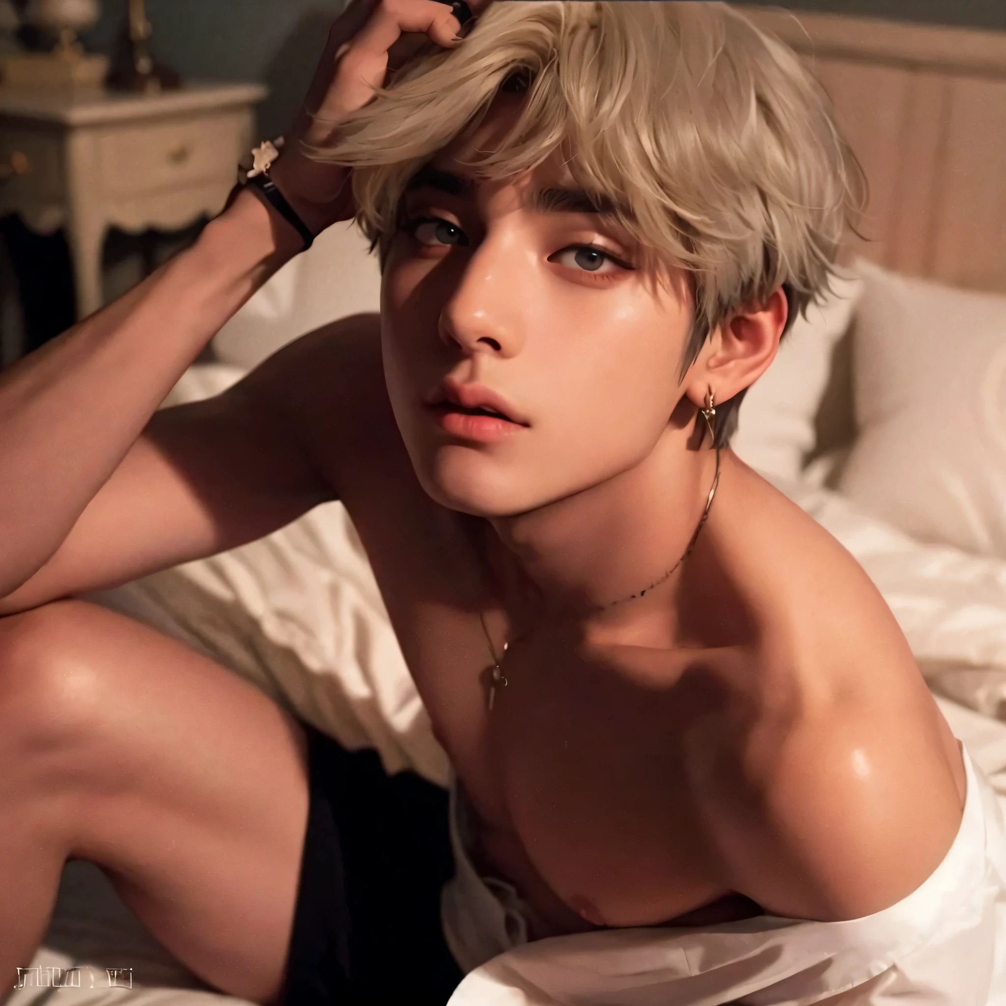 homem arafiado com camisa branca e short preto sentado em uma cama, cai xukun, Taehyung comendo batatas fritas Gucci, Ulzzang inteligente, XQC, merda, Jungkook, kpop idol portrait, inspirado em Yanjun Cheng, inspirado em jeonseok lee, very muito realista, very very muito realista, ( ultra realistic ), muito realista, anime fotorrealista, Kim Taehyung do BTS, rosto masculino coreano, K-pop, Homem coreano