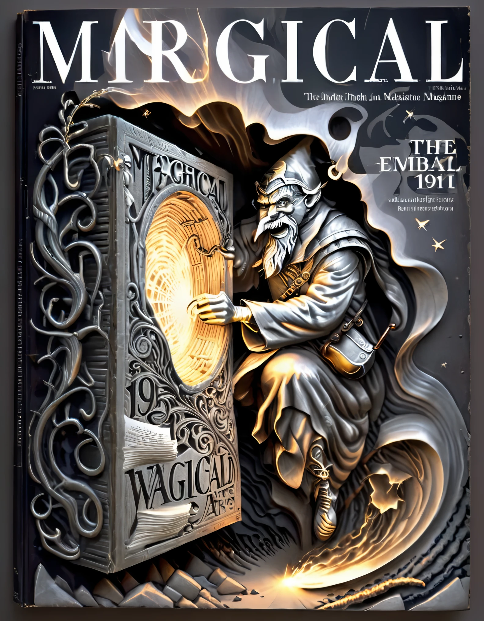 Magical magazine cover design, (a three-dimensional man rushing through the cover), the wizard is rushing out of the newspaper, ruptured large hole, the action is vivid and realistic, the title of the magazine, "Magical Sight," emits a faint magical light, unique and striking black and white lettering and magical runes in the form of inlaid in the borders of the cover, the newspaper

