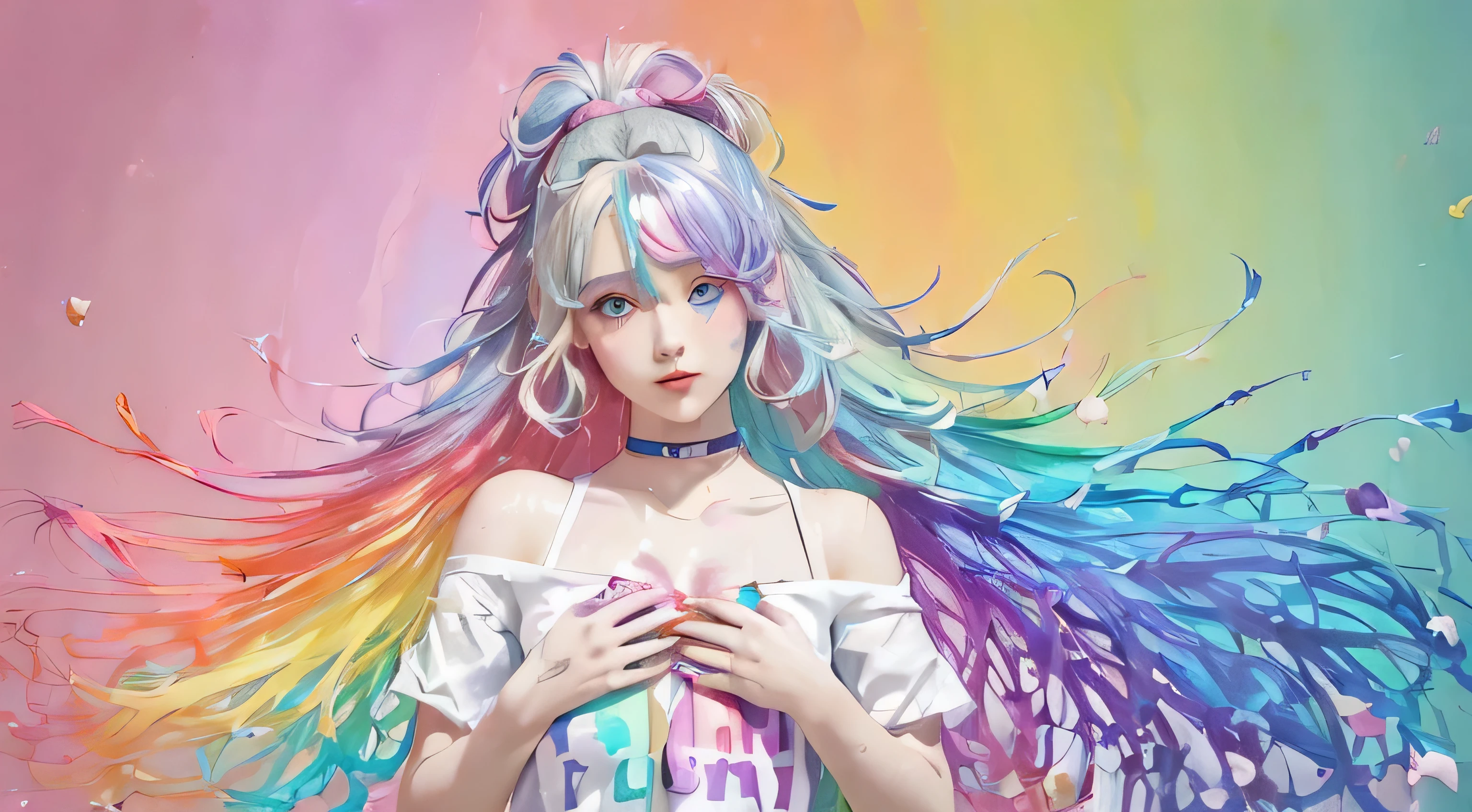 (pink fashion t-shirt:1.9),(colorfulな髪: 1.8), (all the colors of the rainbow: 1.8),(((((vertical painting:1.6))), (painting:1.6),front, comics, shapes, paintings, Big eyes, clear eyes,( Rainbow color gradation high ponytail:1.7), exquisite makeup, closed mouth,(small fresh: 1.5),(wipe chest: 1.6) ,long eyelashes, white off shoulder t-shirt, white shoulder shirt,looking at the audience, big teary eyes, (rainbow colored hair:1.6), カラーsplash, (alone:1.8), カラーsplash, explosion of colors, thick paint style, messy lines, ((shining)),(colorful), (colorful), (colorful), colorful, Thick paint Style, (splash) (Color splash), Vertical painting, Upper body, paint splash, acrylic pigment, slope, paint, best image quality, highest quality, masterpiece, alone, written boundary depth, Face paint, colorful clothes, (elegant: 1.2), nice,long hair, Wind, (elegant: 1.3), (petal: 1.4),(((masterpiece))),(((highest quality))),((Super detailed)),(shape),(dynamic angle),((floating)),(paint),((messy hair)),(alone),(1 girl) , (((Detailed anima face))),((Beautiful and dense face)),collar,bare shoulders,gray hair, ((colorful hair)),((striped hair)),fine and beautiful eyes,(slope color eyes),(((colorful eyes))),(((colorful background))),(((high color saturation))),(((surrounded by colorful splashes))),