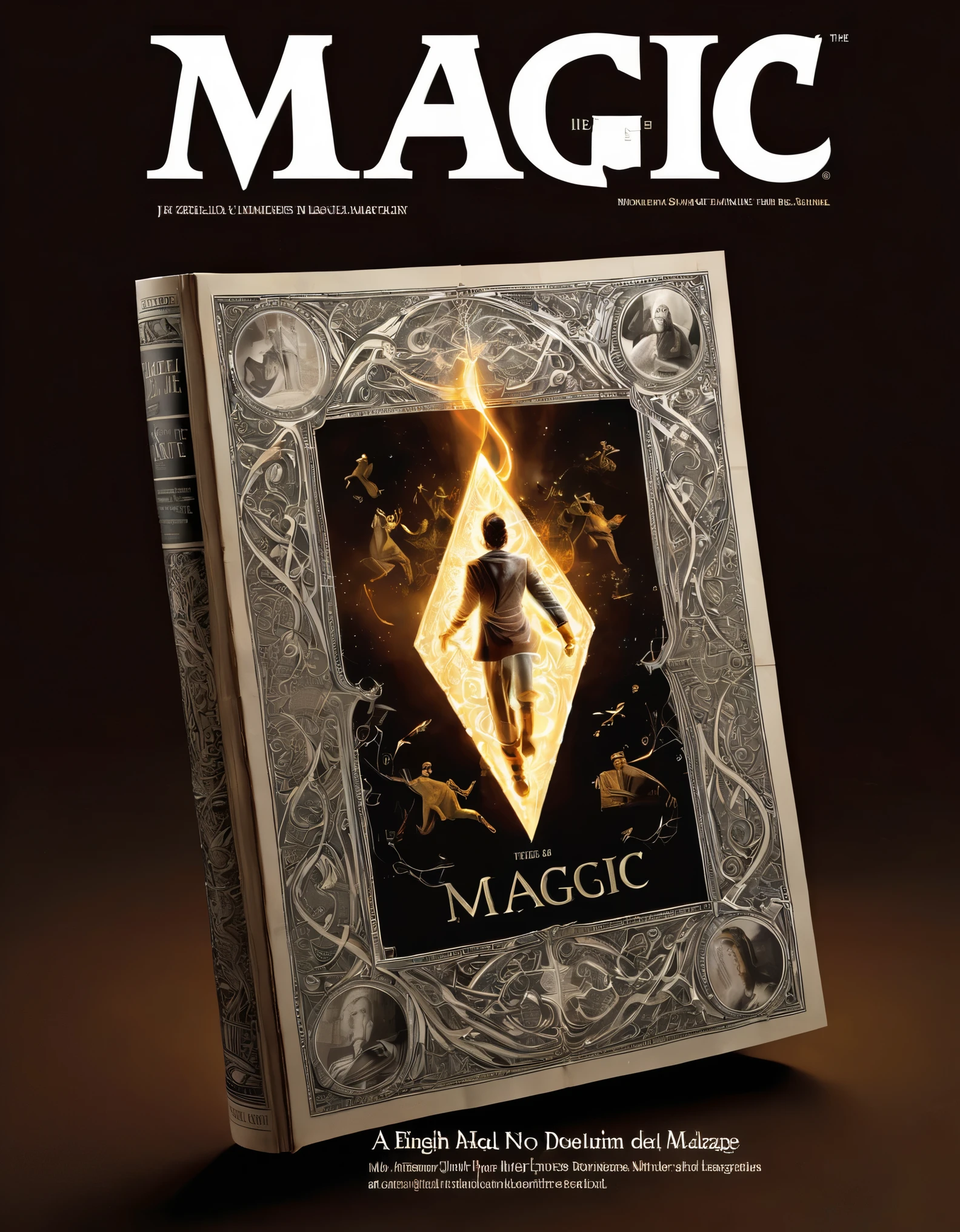 Magic magazine cover design, (a three-dimensional man is rushing out on the cover), the action is vivid and realistic, the title of the magazine, "Magic Sight", emits a faint magical light, unique and striking black and white fonts and magical runes in the form of inlaid in the borders of the cover, the newspaper