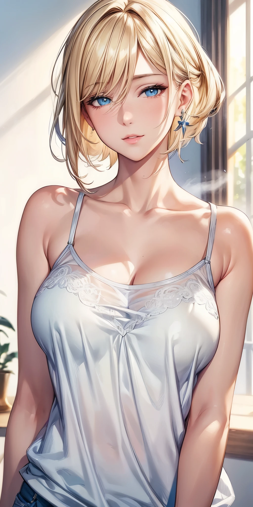 (best quality, highres), portrait, elegant mature woman, blue eyes,blonde hair, big breast, ultra detailed cg 8k, beautiful cg, soft light