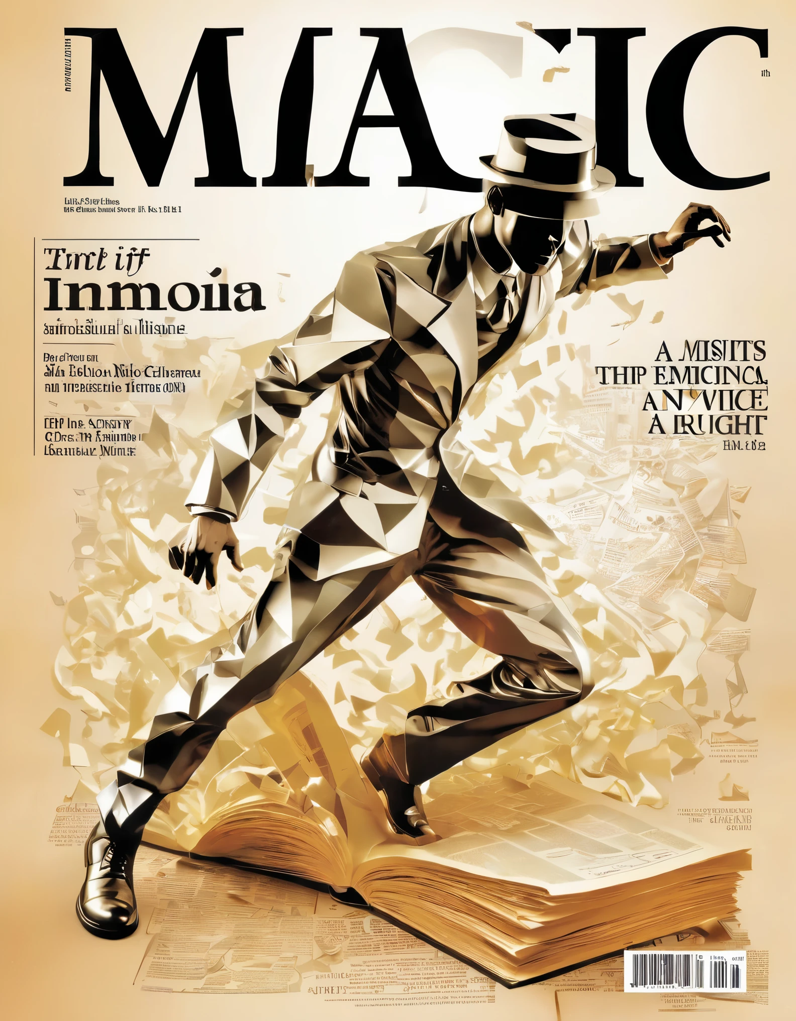 Magic magazine cover design, (a three-dimensional man is rushing out on the cover), the action is vivid and realistic, the title of the magazine, "Magic Sight", emits a faint magical light, unique and striking black and white fonts and magical runes in the form of inlaid in the borders of the cover, the newspaper

