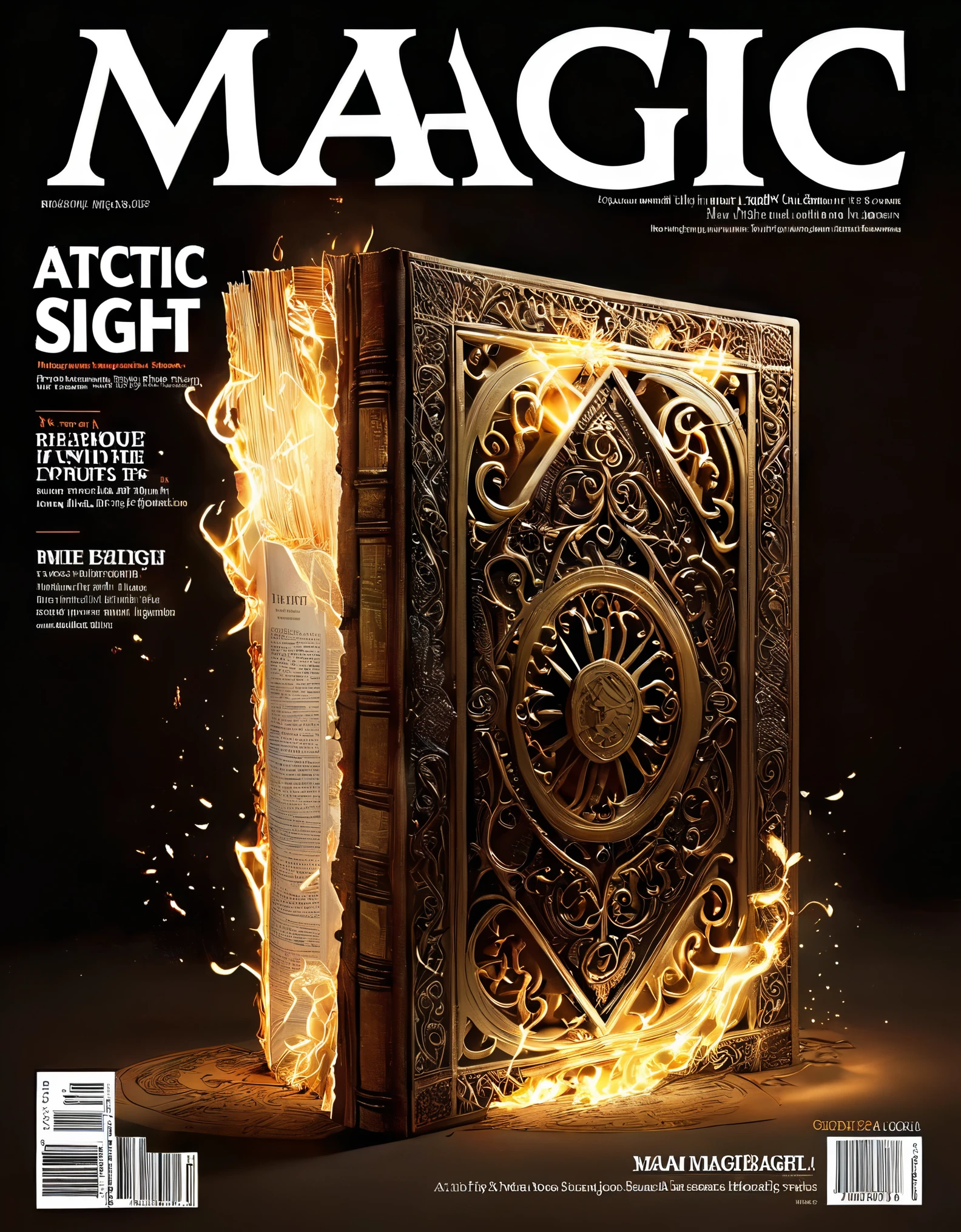 Magic magazine cover design, (a three-dimensional man is rushing out on the cover), the action is vivid and realistic, the title of the magazine, "Magic Sight", emits a faint magical light, unique and striking black and white fonts and magical runes in the form of inlaid in the borders of the cover, the newspaper