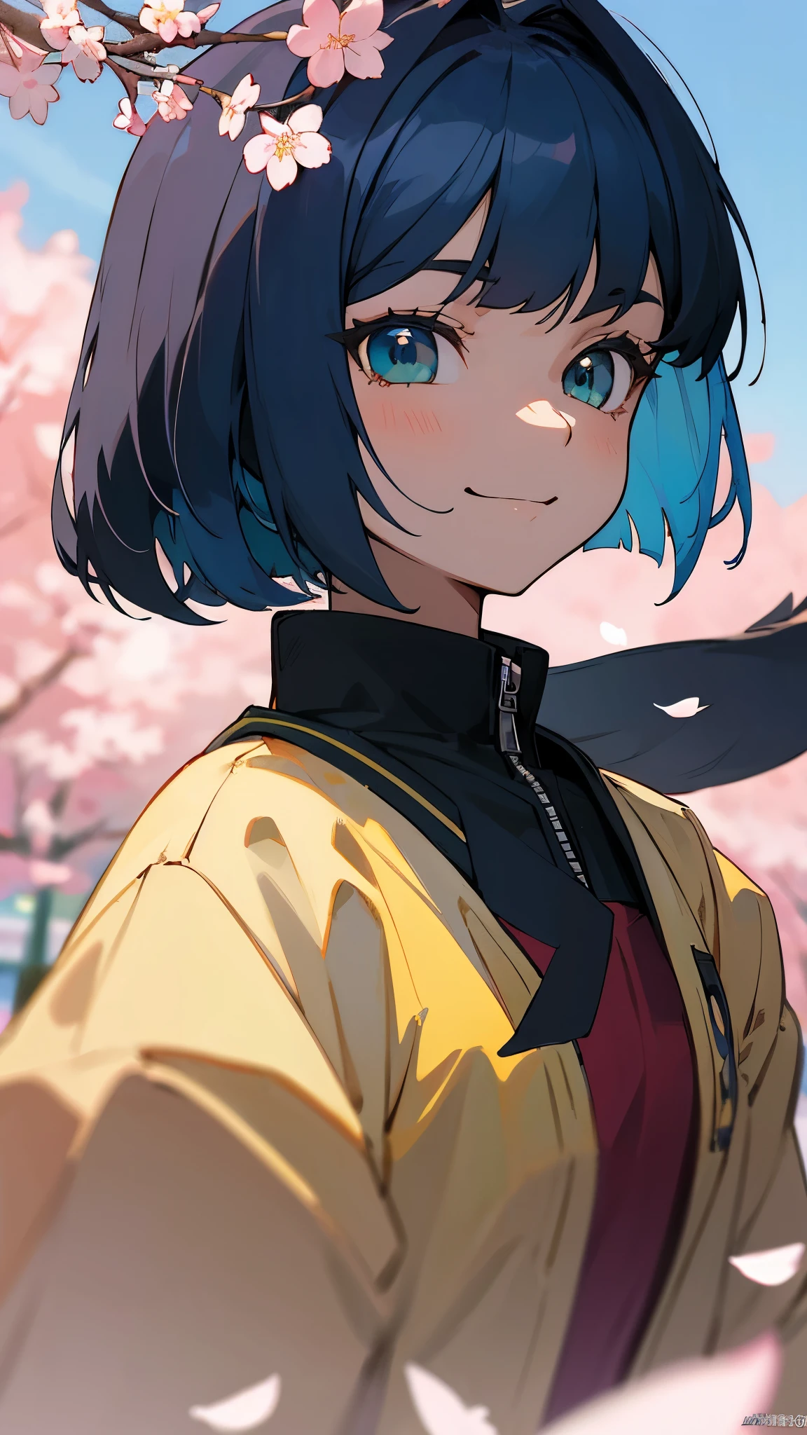 16 year old girl、riders jacket、dark blue hair、bob hair、green round eyes、strong pleasure on the face、Blue and orange tones、anime painting、From the side、evil smile、Cherry blossom park、blue sky、upper body close-up、sharp outline