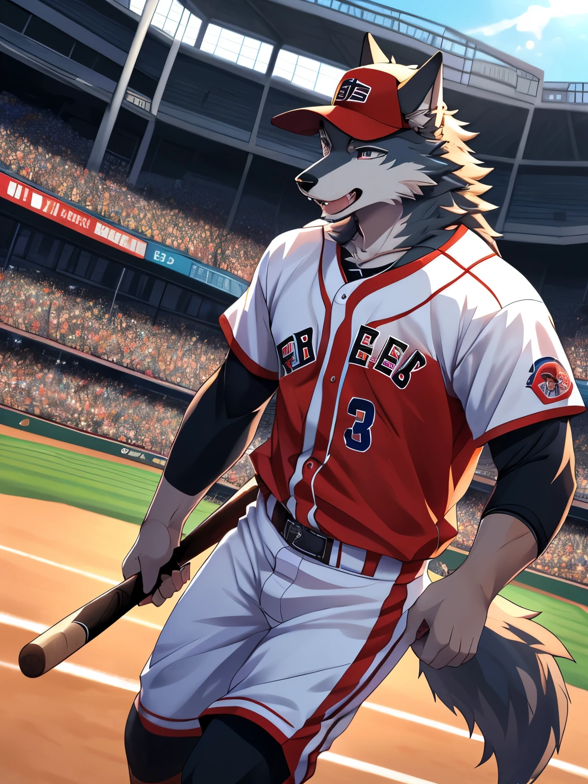 (posted on e621 by Yang J art style) furry, male, wolf anthro, (wolf Tail), Solo, (Realistic eye details:1.2), (beautiful detailed eyes), anime - style image of a man in a baseball stadium, playing baseball, baseball competition, competition, baseball world tournament, world tournament, holding a baseball bat, (Realistic baseball bat details:1.2), wearing baseball cap, the place was very busy with cheering people in the stands, excited face, enjoying watching a baseball game, pixiv contest winner, anime art, slim body, full body like, in a panoramic view, high quality, award winning, HD, 16k, (best quality,4k,8k,highres:1.2)