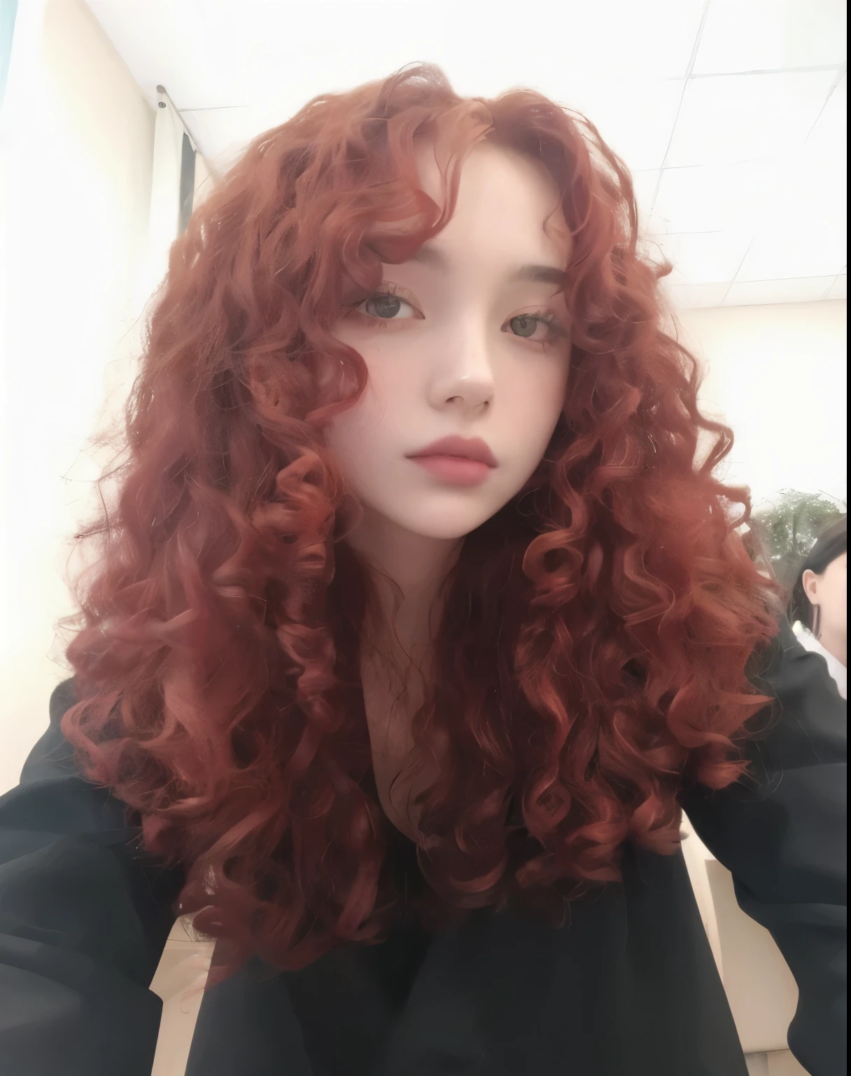 arafed woman with pelo rojo rizado sitting at a table, with Pelo rizado pelirrojo, pelo rojo rizado, Pelo rizado pelirrojo, pelo largo y rizado rojo, pelo rojo rizado, cabello rizado color cobre, con pelo largo y rizado, pelo rojizo, con una permanente rizada, pelo rizado, con el pelo largo y rojo, pelo rojo grande ondulado, pelo de jengibre salvaje, diosa pelirroja