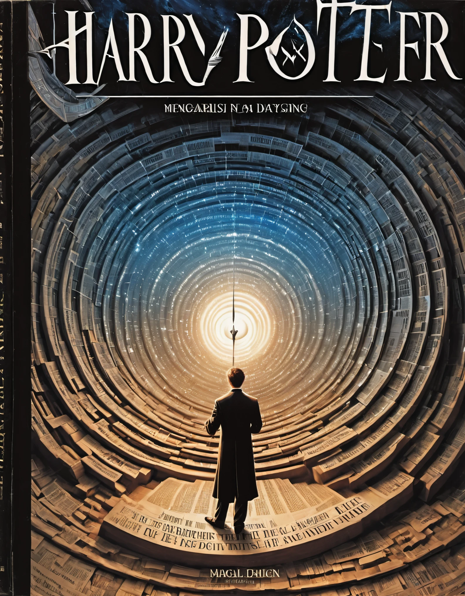 Magical magazine cover design, (a holographic three-dimensional display in the middle of the cover on which a man is broadcasting the news: 0.85), the action is vivid and realistic, the title of the magazine, "Magical Sight", emits a faint magical light, unique and striking black and white fonts and magical runes in the form of inlaid in the cover's borders, inspired by the magical newspaper in the movie Harry Potter.


