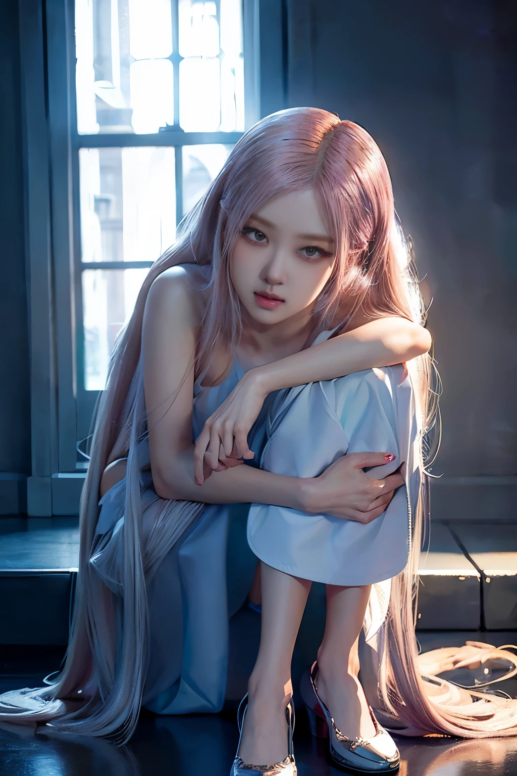 Rose from blackpink, all body picture, pink hair, (full body), standing in casual clothes, shoes on legs, detailed eyes and lips, long eyelashes, beautiful detailed face, realistic posing, studio lighting, vivid colors, ultra-fine painting, professional,full length, Drenched hair, (masterpiece, best quality, award winning, highres), skinny, intricate and beautiful design, highly detailed beautiful face, super detailed beautiful eyes, light smile, windy, sun lights, fantasy art, dynamic lighting, cinematic lighting, hyper realistic, extremely CG detail, octane render, (8k, Photorealistic, Photo RAW, Best quality: 1.4), (UHD), (Ultra high realism), (Ultra high definition), (Ultra high detail), (Realistic face), Beautiful hairstyle, Realistic bright amber eyes, Beautiful details, (Realistic skin), Pale, smooth and luminous skin with iridescent shine and no imperfections, Ultra high definition, Ultra realistic, Highly detaile