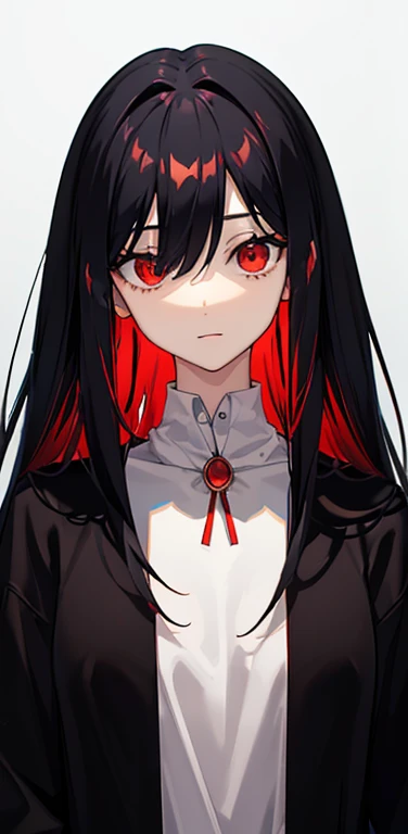 (8K、highest quality、masterpiece:1.2)、anime coloring、super resolution、Realistic、(1girl) 、(black hair to red hair gradient hair,long straight hair:1.5)、(contrapposto),(red eye,glowing eyes:1.3),(hair over one eye:1.5),(portlate:1.3、face focus,upper body:1.5),((Dress with open chest: 1.2)
)、(light smile:1.3),(cute face)、,(flat chest:1.2),gradient background、(slender:1.3)