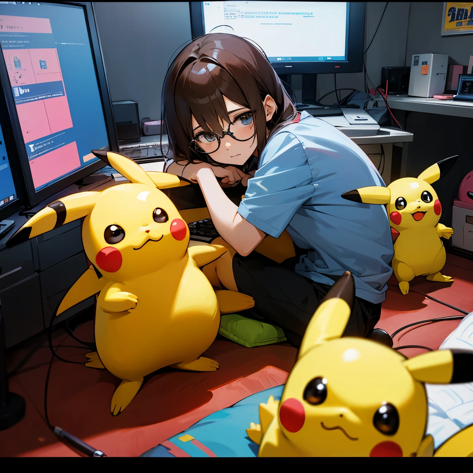 Create a character with a manga or anime art style who is a nerd and a systems programmer. Must contain a plush Pikachu, a video game and some action figures in the scene.