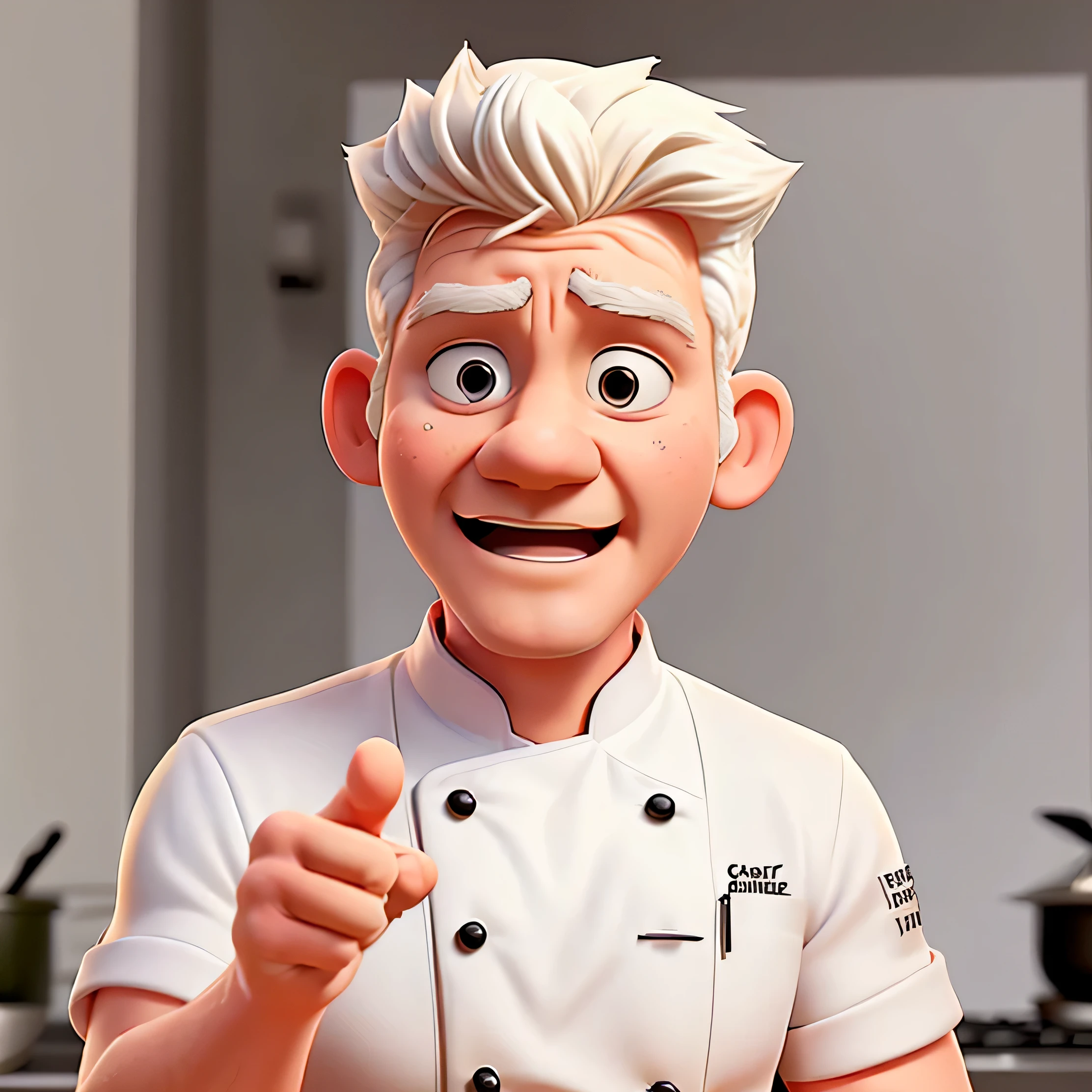 Image of Gordon Ramsay ((in white chef's outfit)) with ((extreme angry expression)) and ((index finger pointing directly at the viewer)). Disney Pixar style