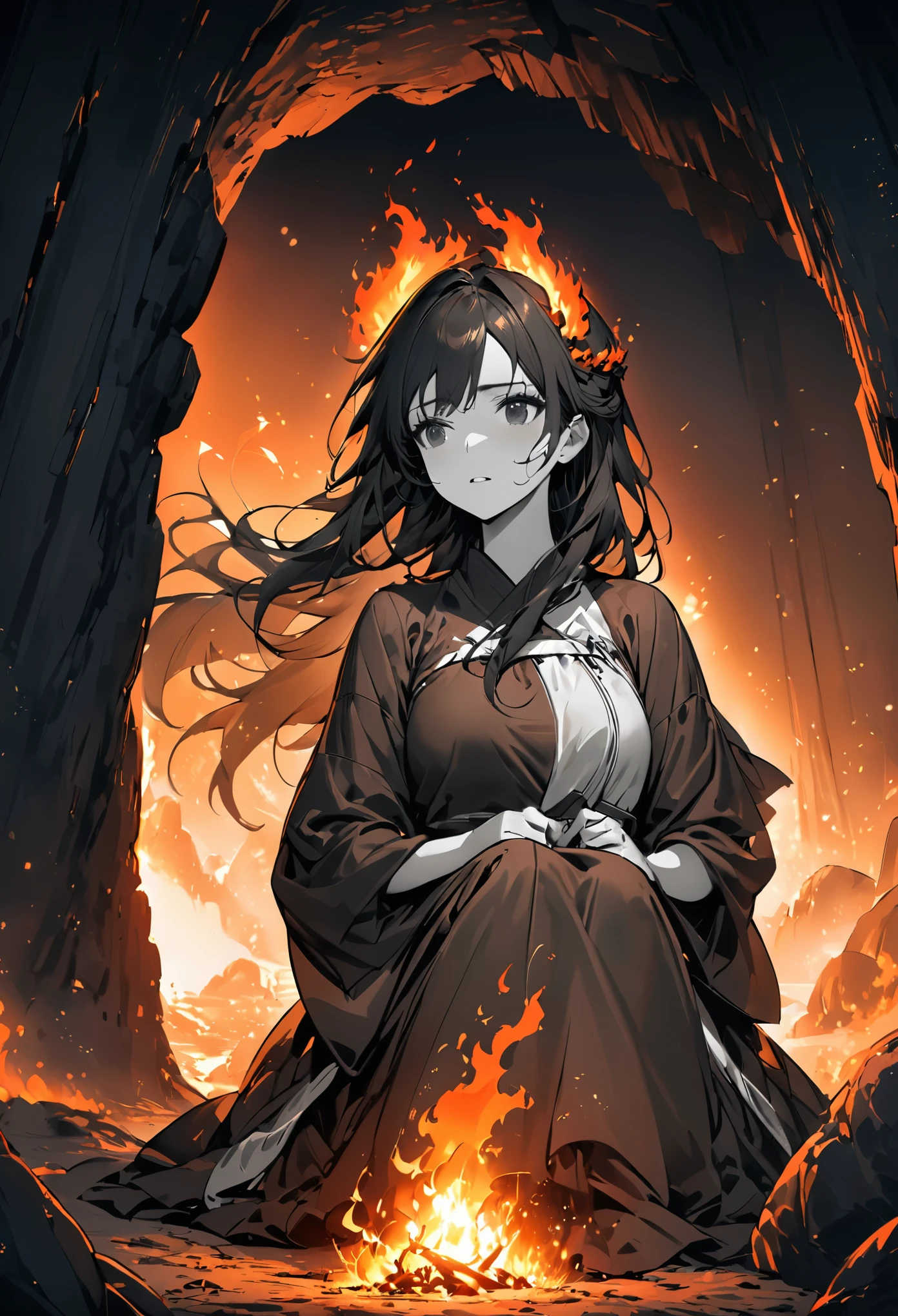 (best quality, masterpiece),  (1 girl, alone,brown robe, Expressive face, look away, sitting, wide sleeves, black eyes, Keep your mouth shut, band of fire on head, long hair, Cowboy shooting), (monochrome, Night sky at the entrance of the cave , light rises from bottom, Inside the cave, Floating glowing white particles, burning fire at hand, Many small fires floating),