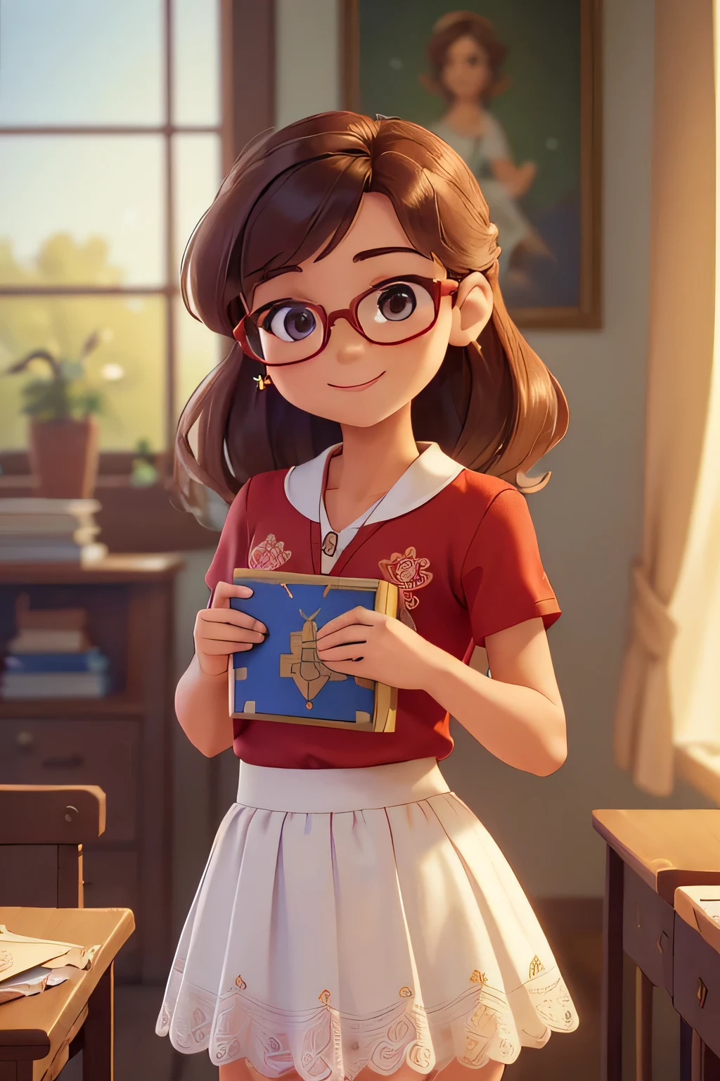 (A small chest:1.3),(Masterpiece, Best quality:1.4), (Beautiful, Aesthetic, Perfect, Delicate, Intricate:1.2),((Best quality)), ((Masterpiece)), (Detailed),(A high resolution:1.2), Classroom, An adult female, Smiling Claudia Chever, Red shirt, White skirt, Glasses, Bend over, angle of view,