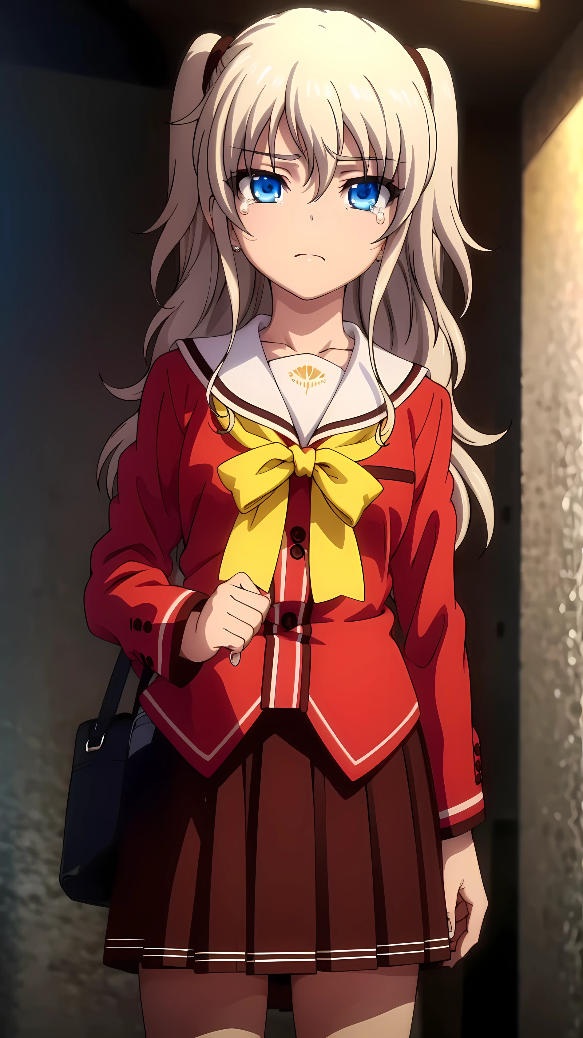 1girl,å ‹åˆ©å¥ˆç»ª,long hair,Faceان للأعلى,White hair,Blue eyes,Hair between the eyes, crying, (tears)
,serafuku,Red skirt,Pleated skirt,bag,Yellow handkerchief,Red shirt,Clavicle,long sleeves,Sullen,painting,Face_to focus,, (Masterpiece:1,2), Best quality, Masterpiece, High accuracy, creative, Highly detailed background, Perfect lighting,(The advisory team is very detailed:1.2), (Upper body: 1.5) 